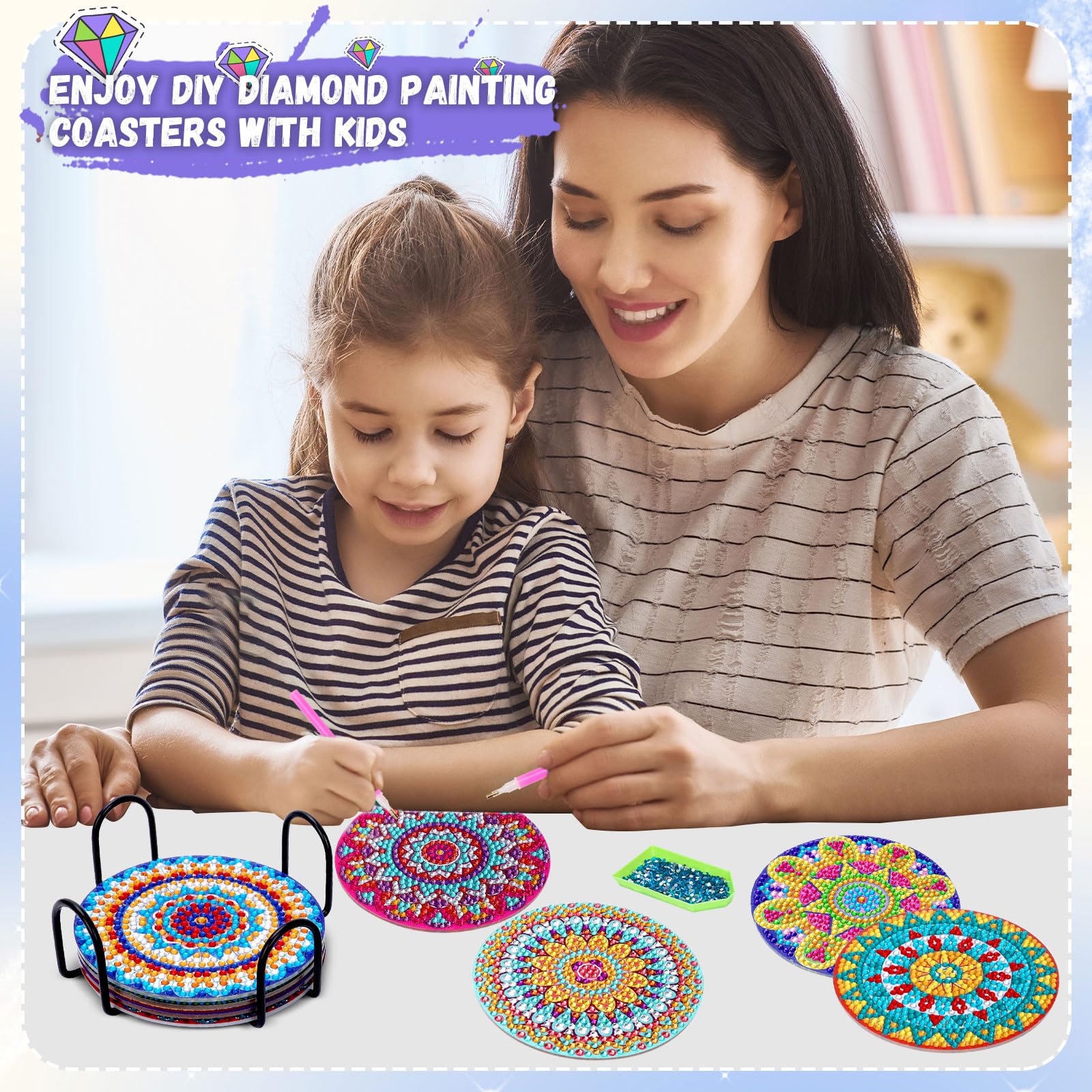 8 Stück DIY Diamond Painting Untersetzer Set - 5D Diamantmalerei Mit Kork-Pads & Lotus-Design, Bastelset Für Kinder Ab 6 & Erwachsene