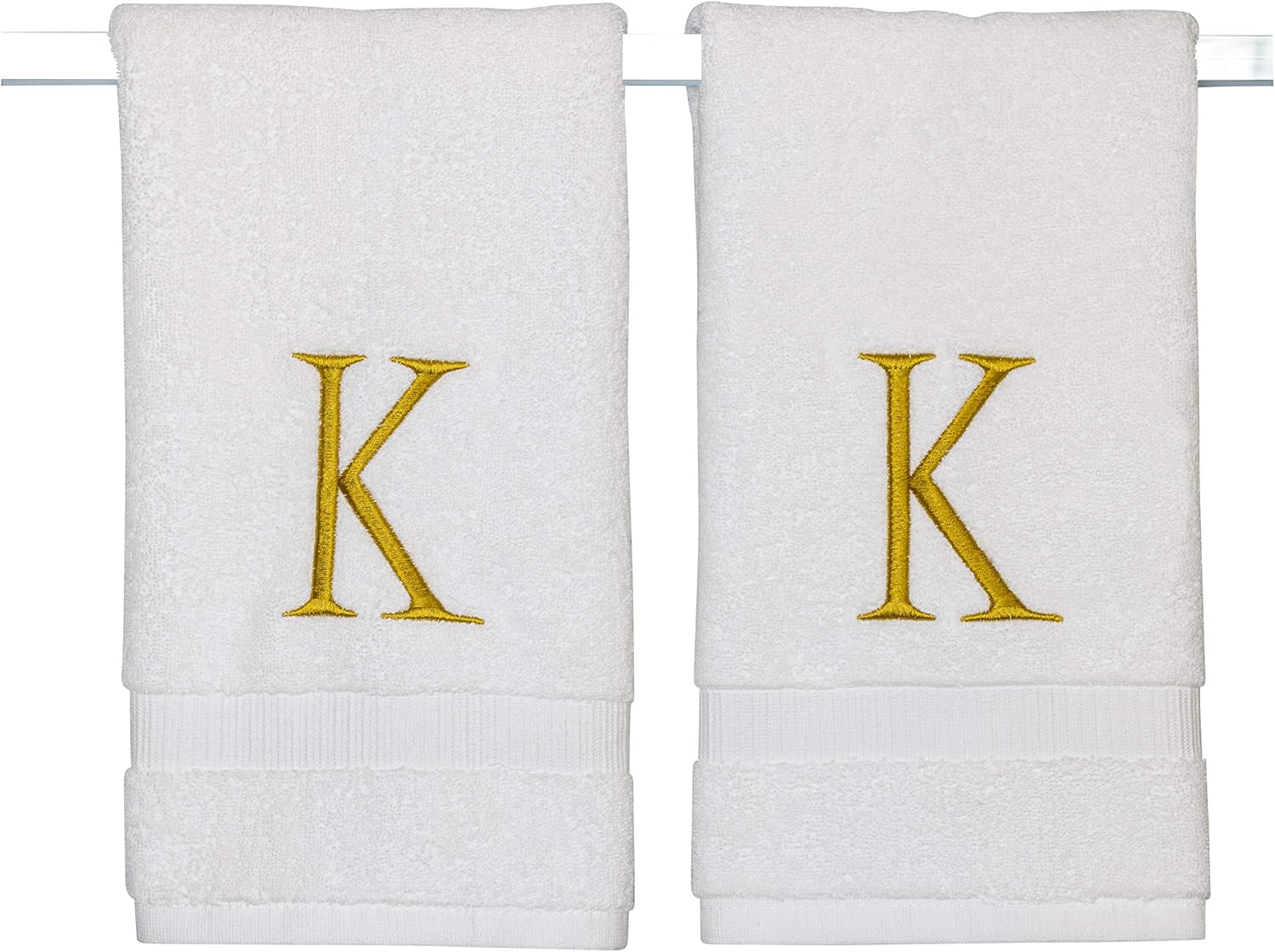Monogrammed Hand Towels for Bathroom - Luxury Hotel Quality Personalized Initial Decorative Embroidered Bath Towel for Powder Room, Spa - GOTS Organic Certified - Set of 2 Gold Letter K
