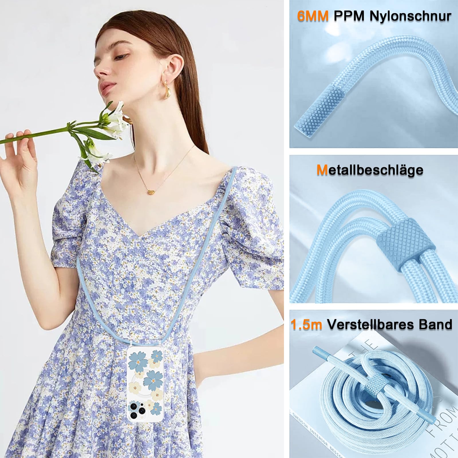 MagSafe Handyhülle Für IPhone 15 Mit Verstellbarem Halsband – Transparent, Lila Blumen, Schützt Und Hängt Bequem