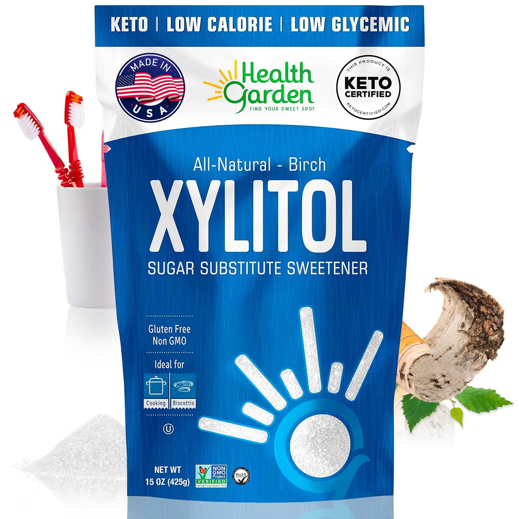 Birch Xylitol Sweetener - 15 OZ Resealable Bag - Pure Birch Xylitol - Non GMO, Kosher, and Made in the U.S.A. - Ideal Powdered Sugar Substitute - Non-GMO Sugar Alternative