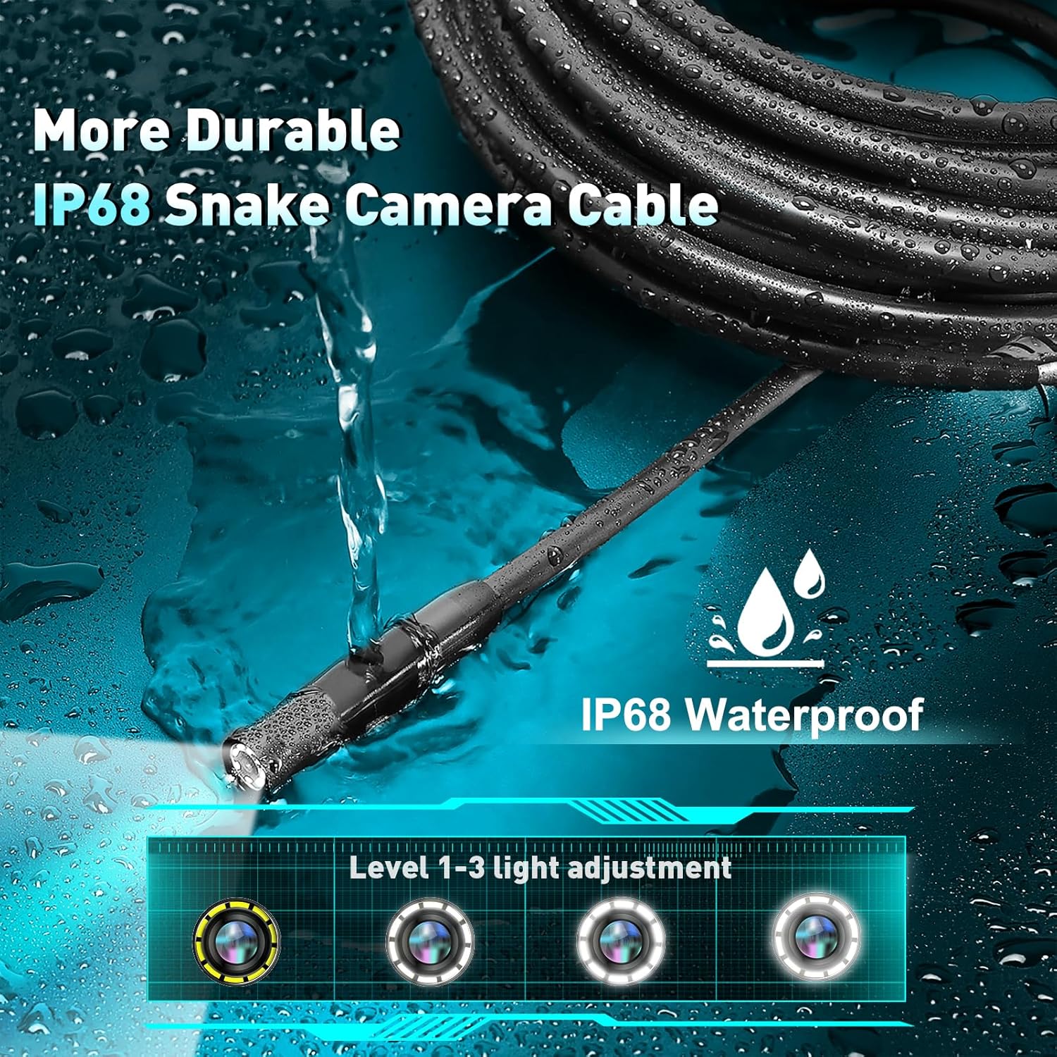 IP68 waterproof snake camera cable with 10 LED lights and light adjustment levels