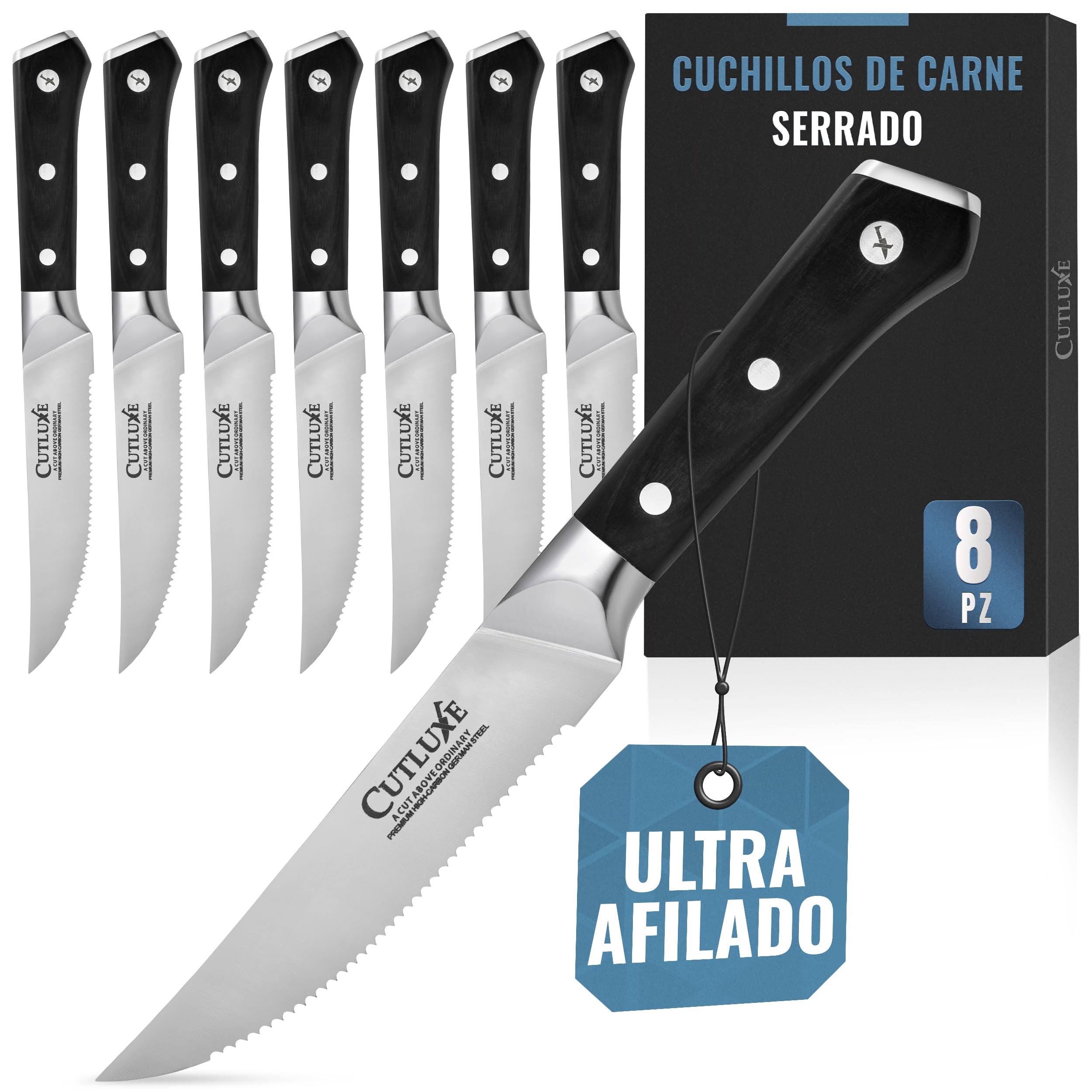 Cutluxe Cuchillos Carne – Juego de 8 Cuchillos de Mesa, Cuchillos Sierra – Acero Alemán Alto Carbono Forjado, Espiga Completa, Diseño Ergonómico Mango – Serie Artesanal