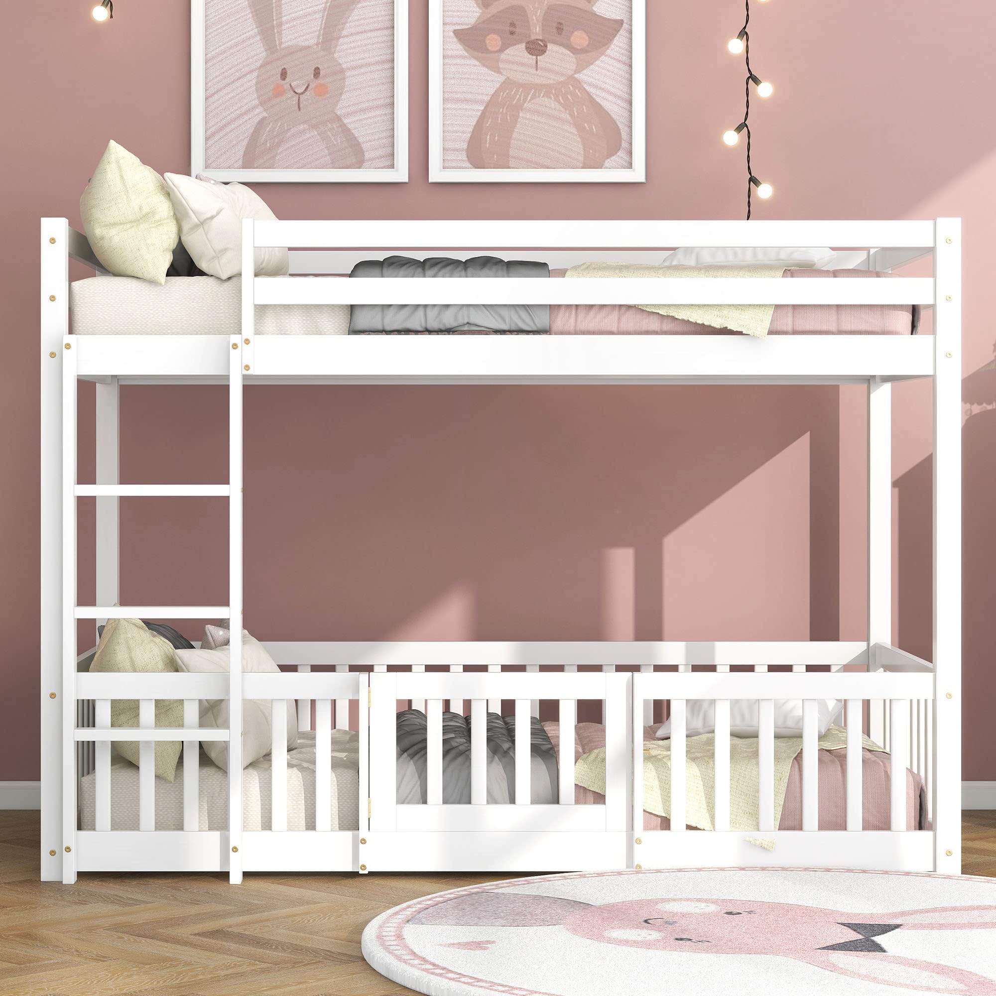 BTM 3FT Bunk Bed, Bed with Fences and Door, Children's Bed with Fall Protection and Railings, Solid Wood, White (190x90cm)