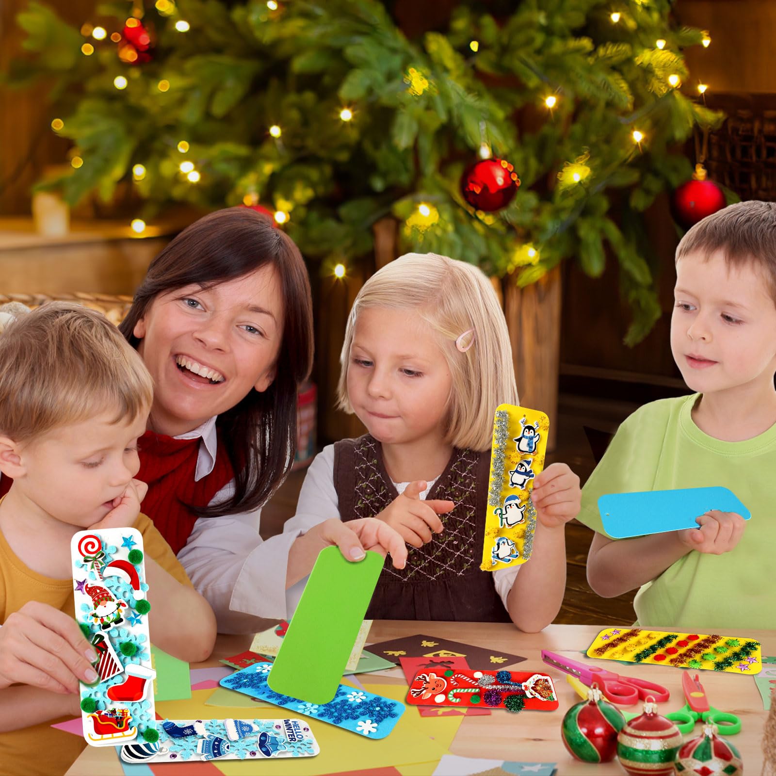 JULBEAR 36 Sets Christmas Crafts Kits DIY Blank Foam Bookmarks Decorations Sets Leaf Foam Self-Adhesive Stickers Arts for Kids Winter Christmas Party Favors Classroom Activity Gift Exchange