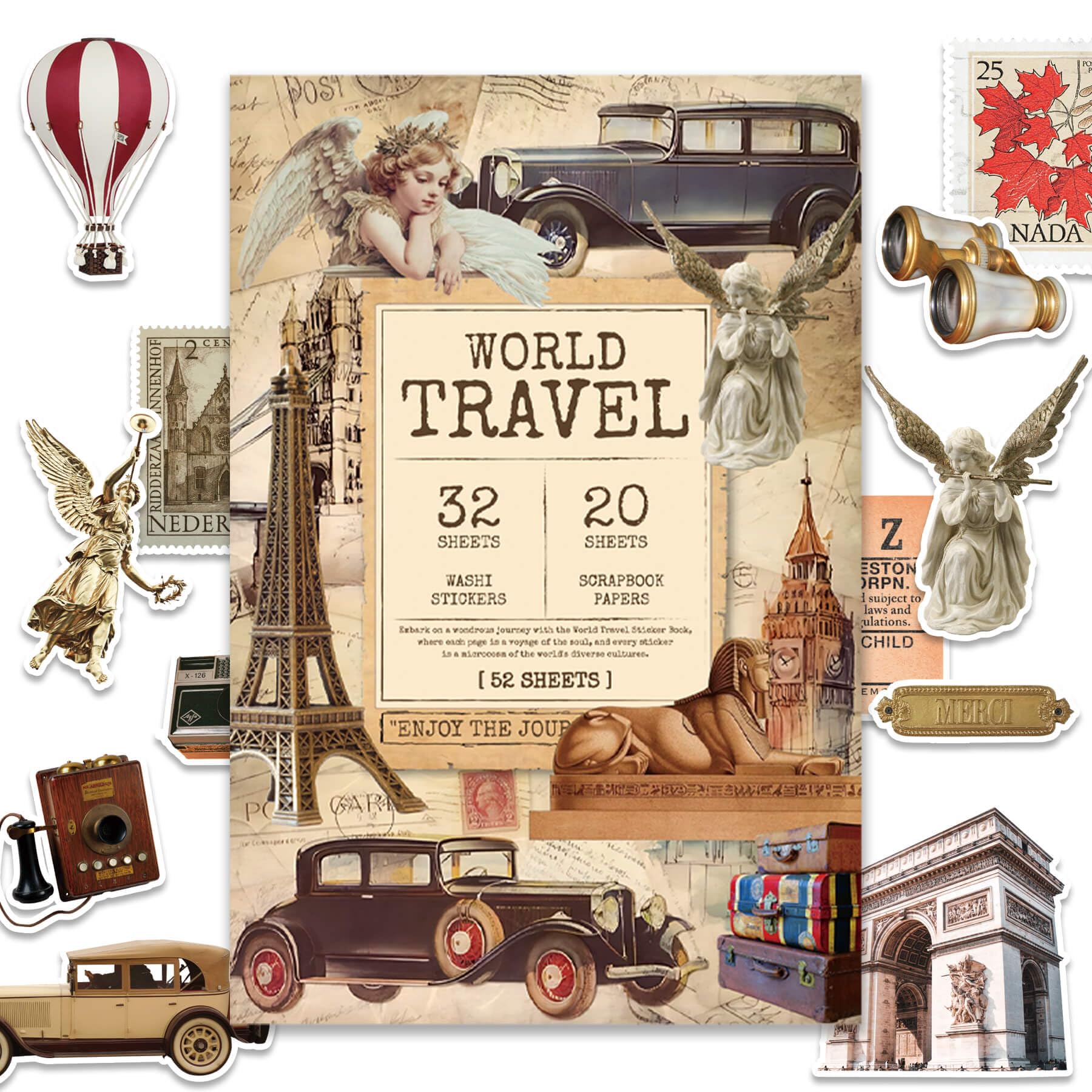 52 Sheets World Travel Stickers &amp; Scrapbook Paper Set - Vintage Travel Themed for Scrapbooking Journaling Junk Journal Planner - Retro Adventure Stickers for DIY Crafts