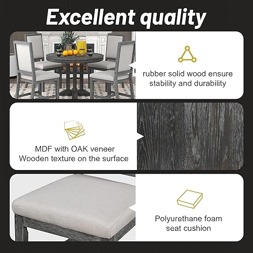 Miniatura 7 de Farmhouse - Juego de mesa de comedor de 5 piezas, mesa redonda extensible y 4 sillas tapizadas con base en forma de X, juego de comedor de madera