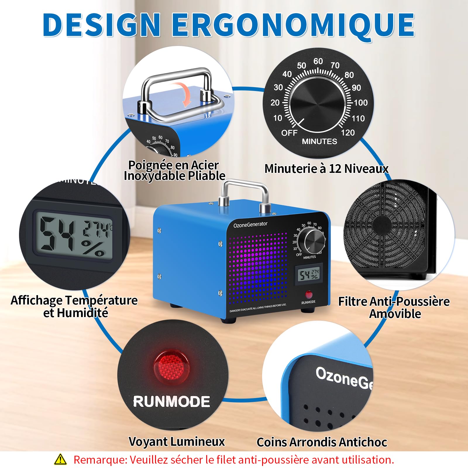 Charmofun Générateur d'Ozone Domestique 60000 mg/h, Machine à Ozone avec Affichage de la Température et de l'Humidité, Générateur d'Ozone Purificateur d'Air pour Cuisine, Voitures, Fumée (Bleu)
