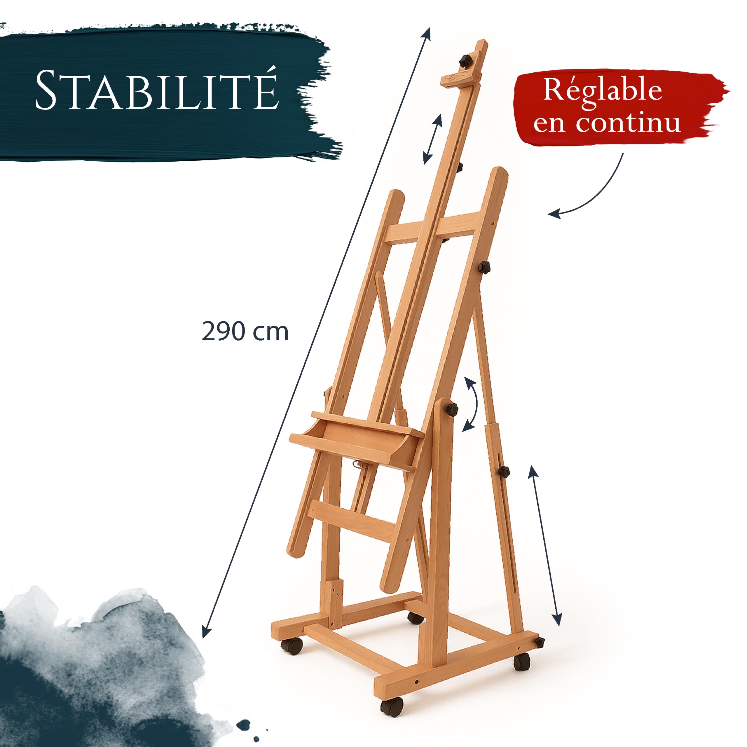 Artina chevalet professionnel atelier bois massif de hêtre pour toiles