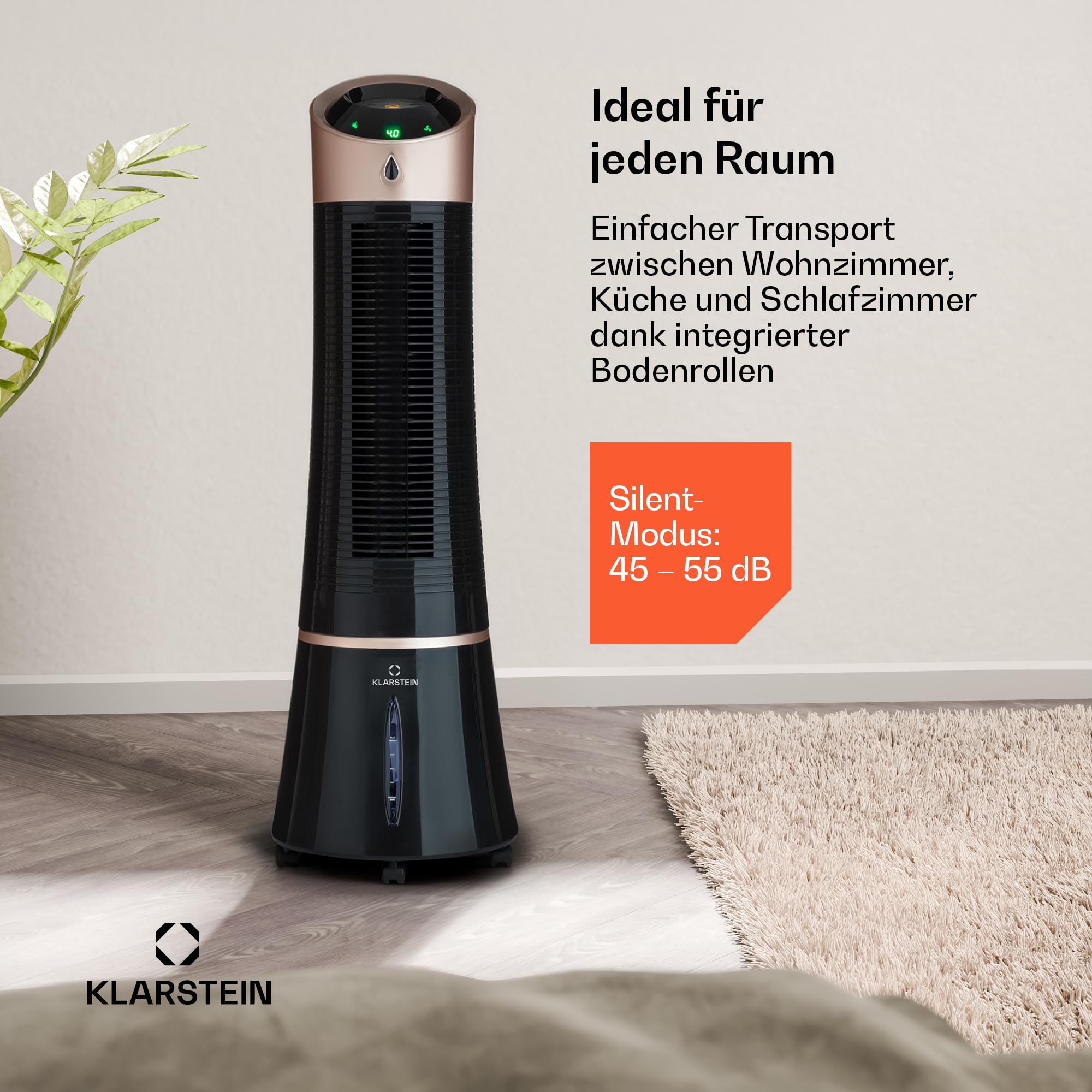Klarstein Skyscraper Ice Smart Ventilator Mit Wasserkühlung – 4-in-1 Luftkühler, Ventilator, Luftreiniger & Luftbefeuchter, 180 m³/h, Smart App & Alexa Steuerung, 6L Tank, Timer, für Zuhause, Rosegold