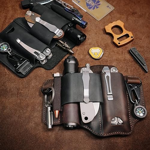 Miniatura 6 de Funda multiherramienta de cuero ST1  Organizador de cinturón EDC para herramientas Leatherman, linterna, bolígrafo y clip para llavero, duradero y