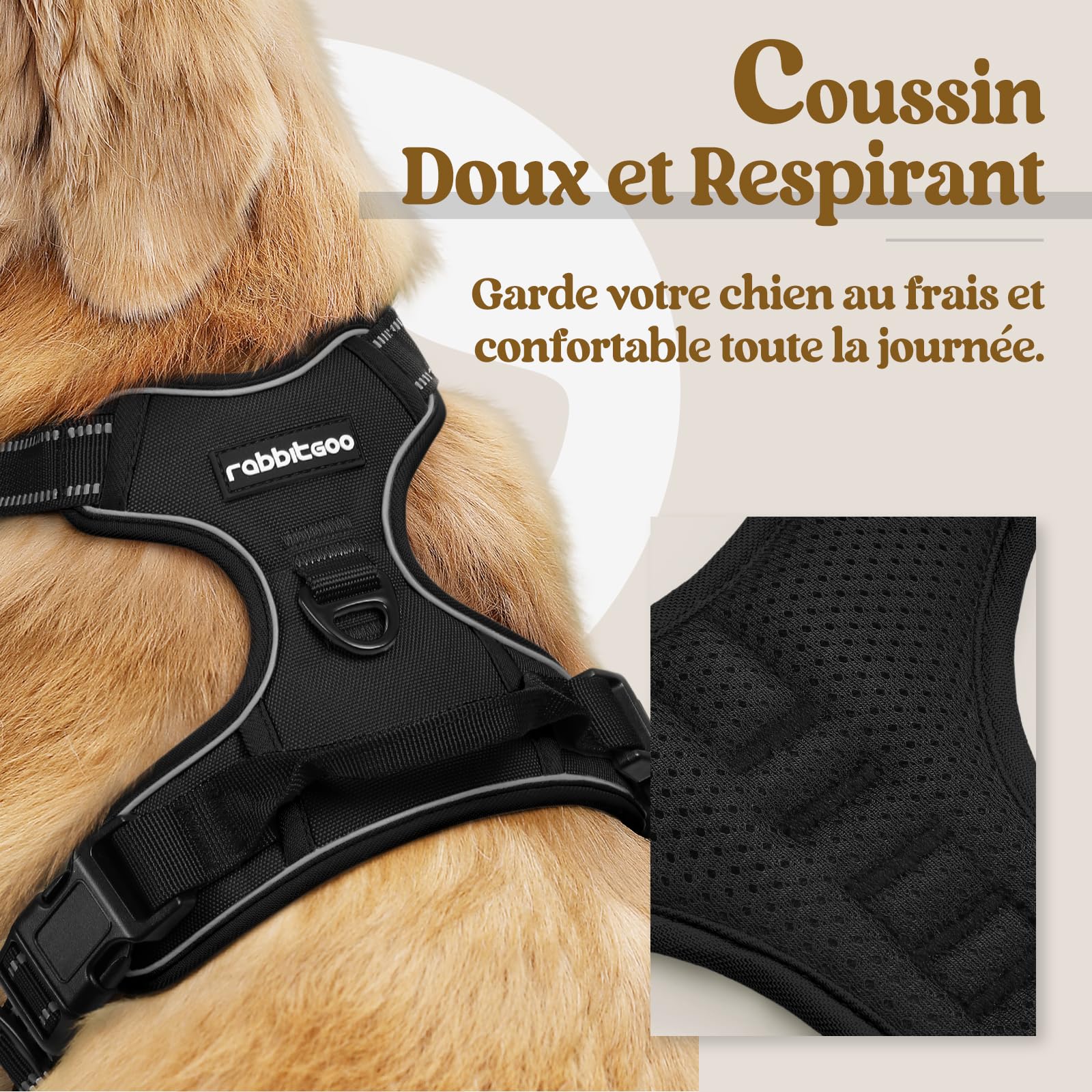 rabbitgoo Harnais Chien Anti Traction, Arnet pour Chiens avec Poignée Contrôl, Facile à Mettre, Gilet Réfléchissant Réglable avec Attache Devant, Harnais pour Chien Moyen Grand, Noir, L