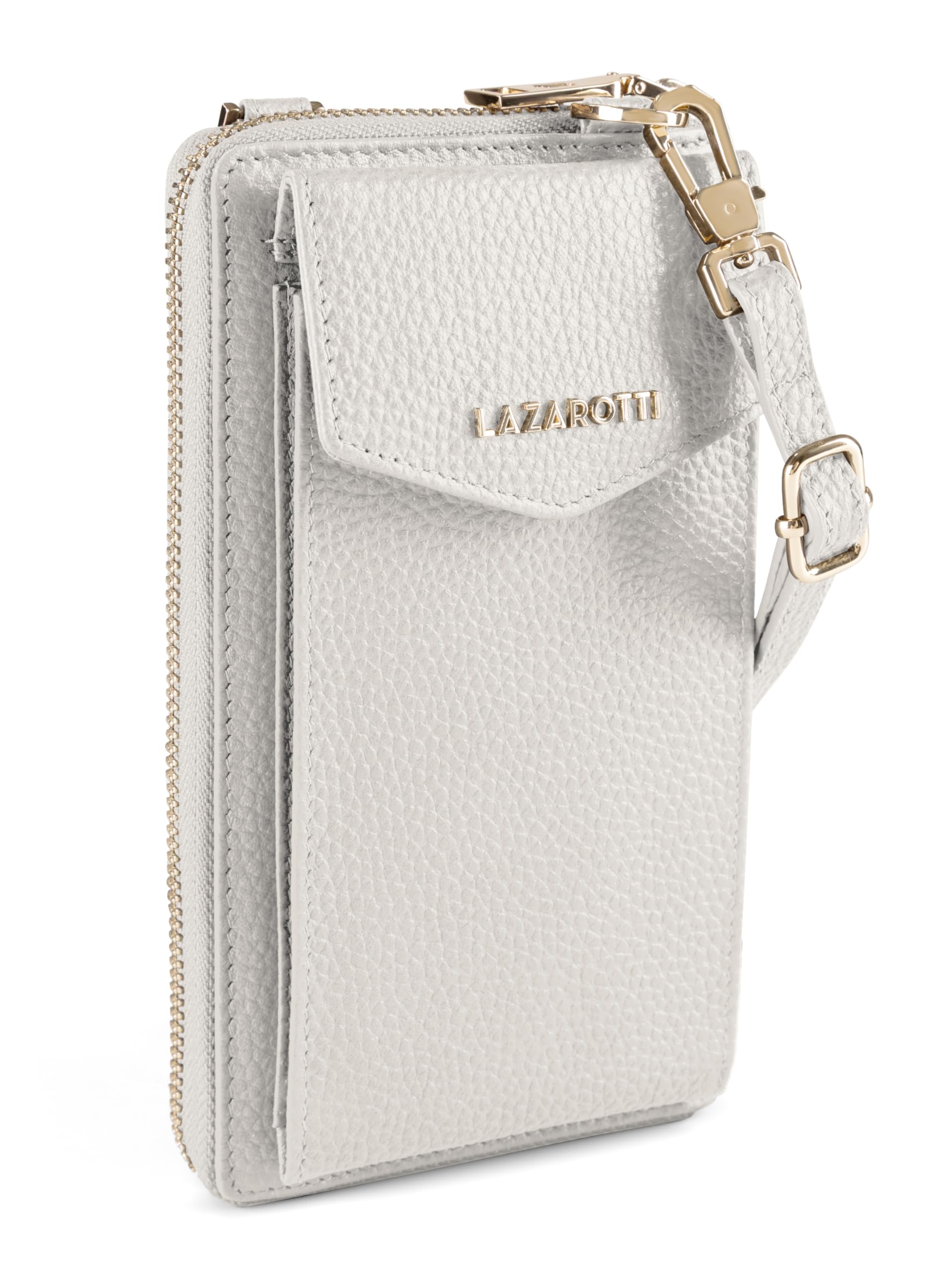 Lazarotti Bologna XL Portafoglio da donna in pelle e custodia per cellulare (2 in 1), 16 scomparti per carte di credito, da appendere con protezione RFID, 19 x 11 x 3,5 cm, bianco, Mittelgroß,