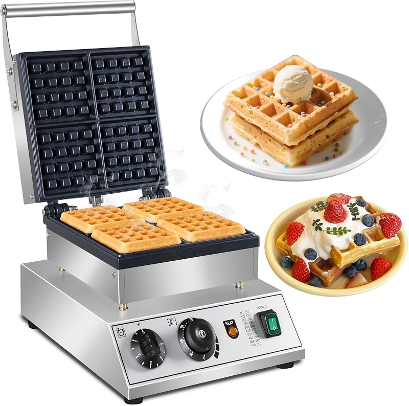 1600W Commercial 4-Slice Square Belgian Waffle Maker | Non-Stick Waffle Iron with Temp & Timer Control, Teflon Plates, Stainless Steel Body for Catering Use