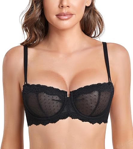 DotVol Women's Push Up Unlined Lace Sheer Underwire Multiway Everyday Bra - 32A - Black