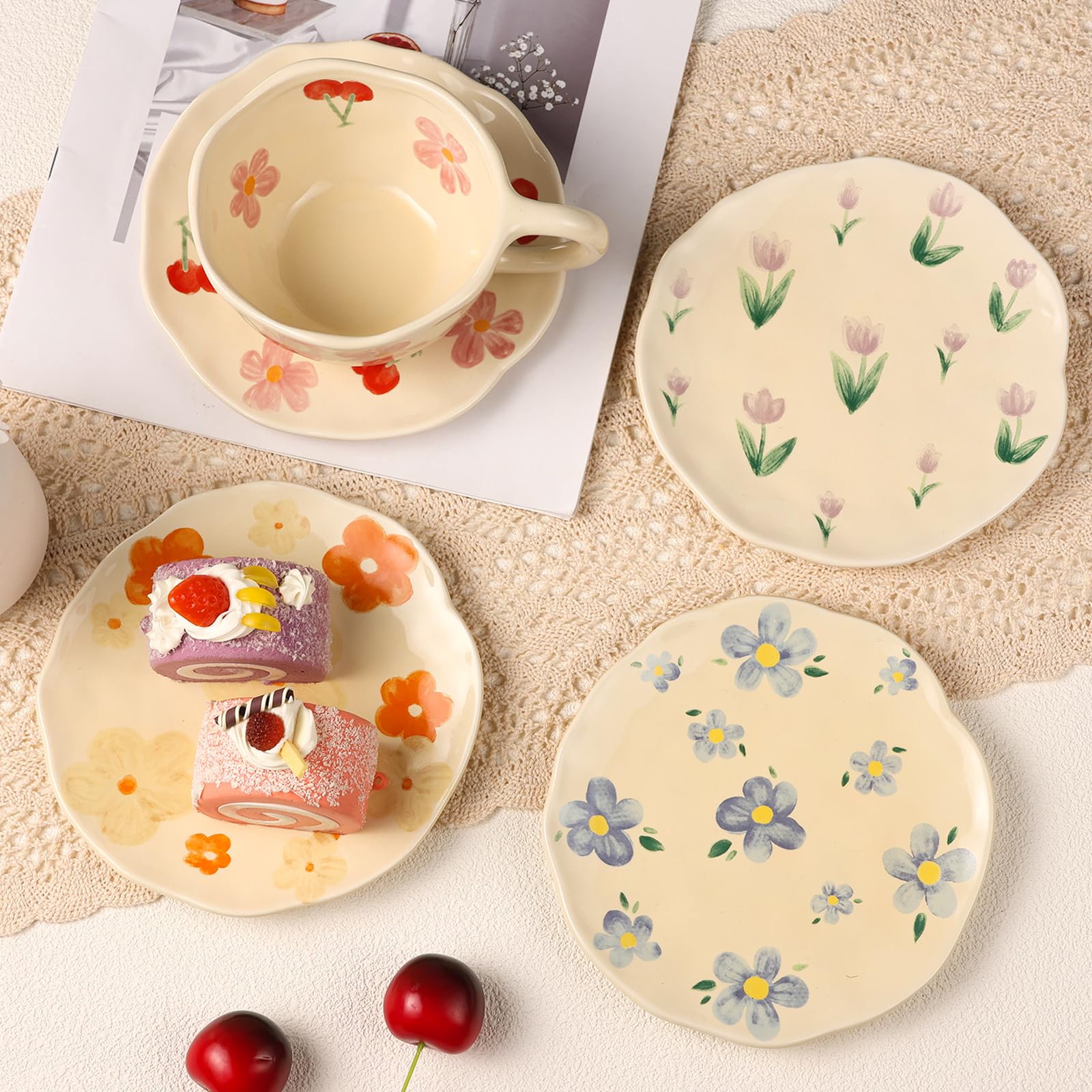 Set di 4 tazze da cappuccino con piattini, in ceramica, 226,8 g, per latte art e latte, stile vintage, per americano, tè, espresso, moka, latte, adatte al microonde e alla lavastoviglie