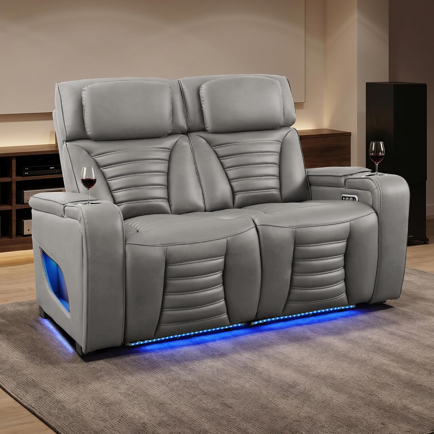 Zero Gravity Power Loveseat Recliner Adjustable Headrest & 7 Colors LED Lighting, Electric Reclining Loveseat with Armrest Storage for Home Theater, RV (Grey, 2 Seater)