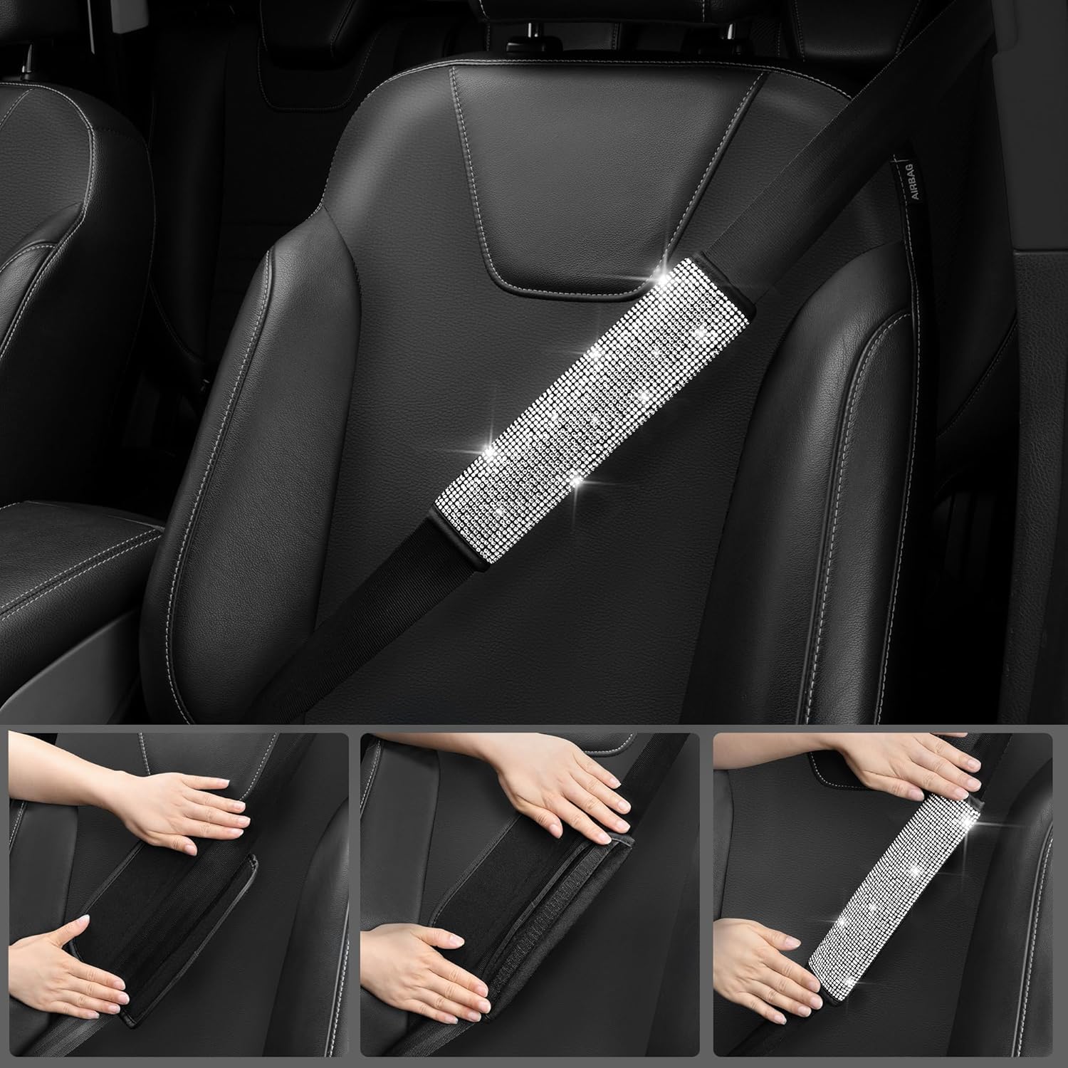 CAR PASS Leather Bling Seat Covers Full Sets 16 pcs, Bling Diamond Car Accessories Set for Women, Sparkly Rhinestone Steering Wheel Cover, Glitter Cute Car Interior Sets for Women Girl, Silver Diamond - Image 9
