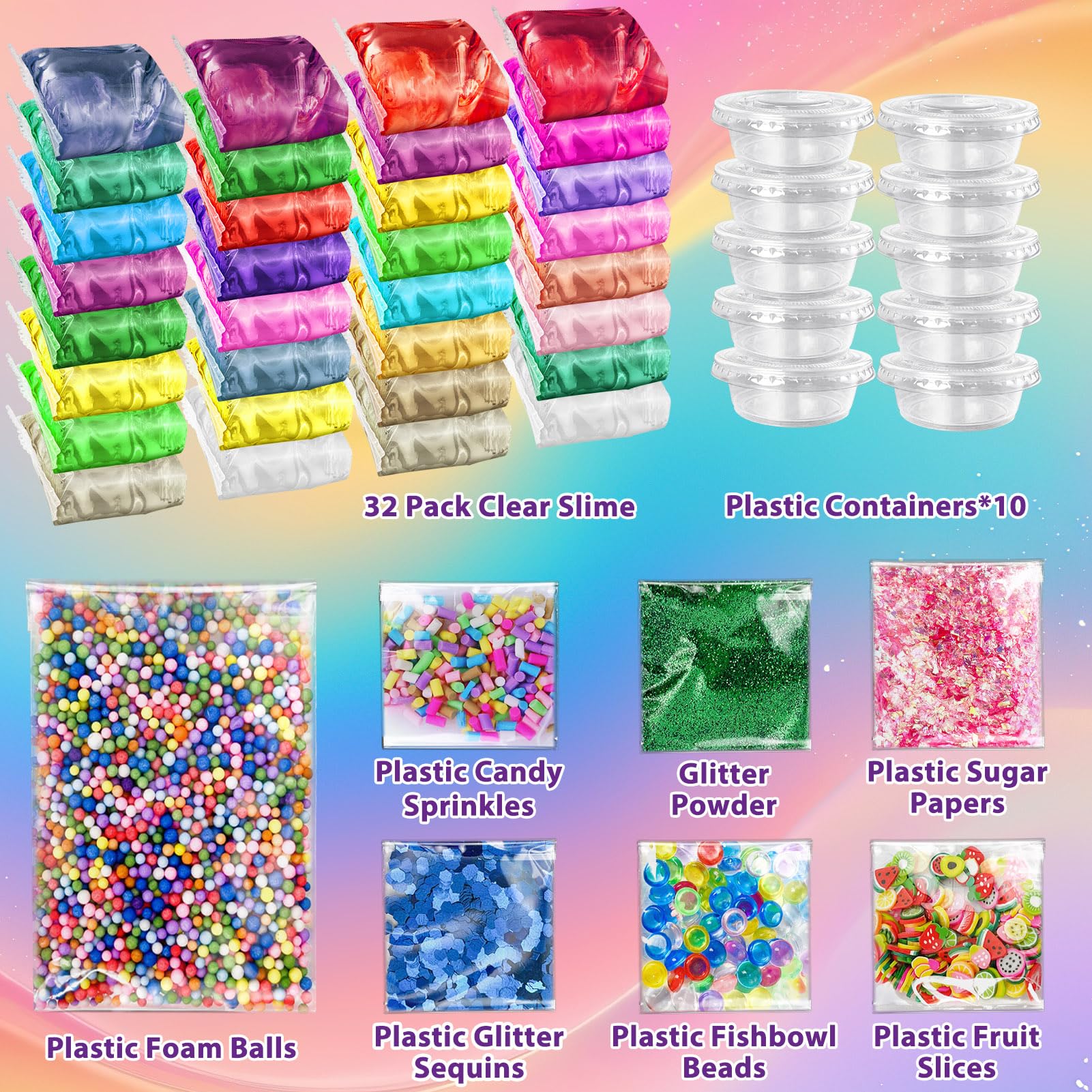 32 Pack DIY Slime Kit, Slime Making Kit for Girls Premade Crystal Clear Slime with Add-ins, Foam Balls, Glitters - Image 3
