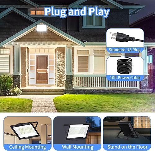 Miniatura 4 de Luz de inundación LED de 200 W para exteriores con enchufe+cable de 10 pies, luces de seguridad superbrillantes de 24000 lúmenes, luz de trabajo LED