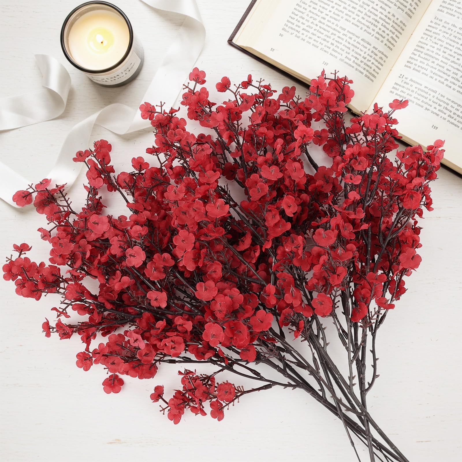N&T NIETING Künstliche Blumen, 12 Stück Schleierkraut Künstlich Gypsophila Blumen Fake Seidenblumen für Home Decor Hochzeit Party Tisch Centerpieces Garten Party Dekoration(Rot)