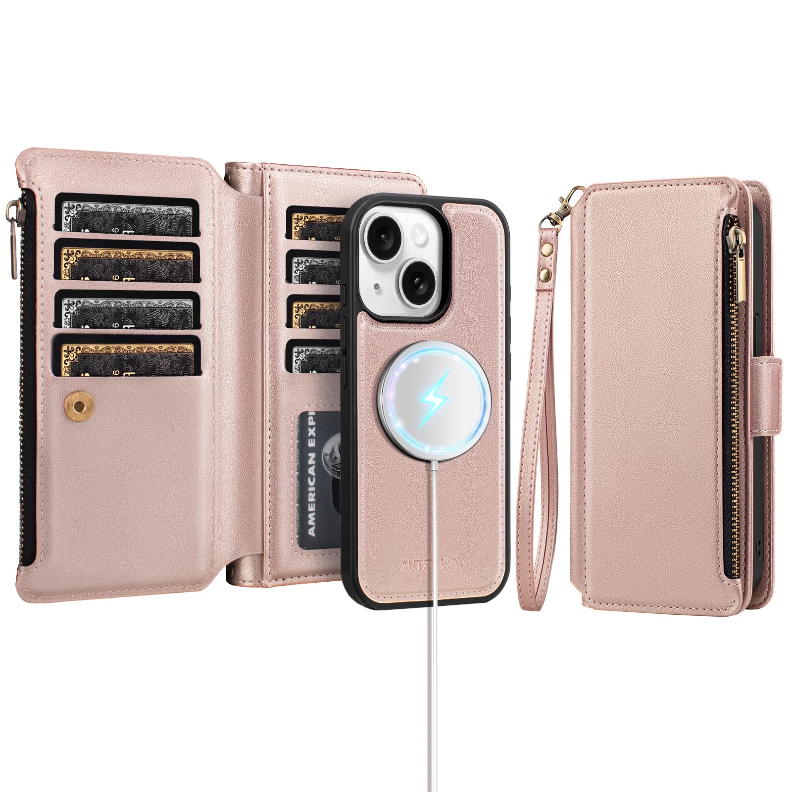 Antsturdy Compatible with Magsafe Magnetic 2 in 1 Detachable iPhone 14 Wallet Case with Credit Card Holder Slots,PU Leather Flip RFID Blocking Phone