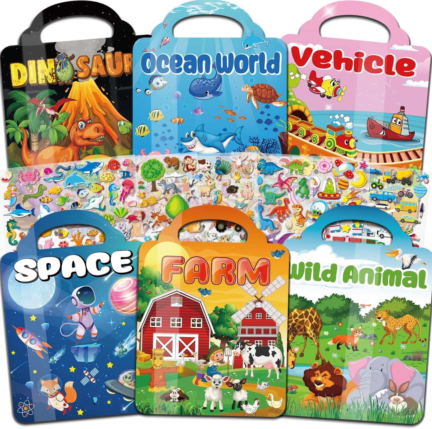 Kalysky 6 Pack Reusable Sticker Book for Kids 2 3 4 Year Olds, 300+ 3D Puffy Sticker Books for Toddlers, Stickers Activity Pack Learning Toy Birthday Gifts for Boys Girls