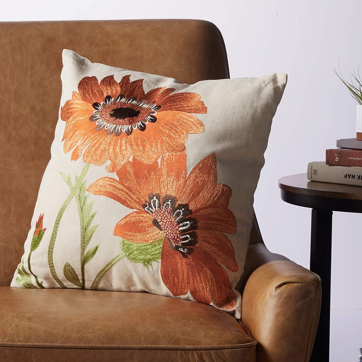 Fennco Styles Le Tournesol Embroidered Sunflower Decorative Throw Pillow, Filler Included, 18-Inch Square - Orange Flower Cotton Linen Pillow for Home, Couch, Living Room and Bedroom Décor