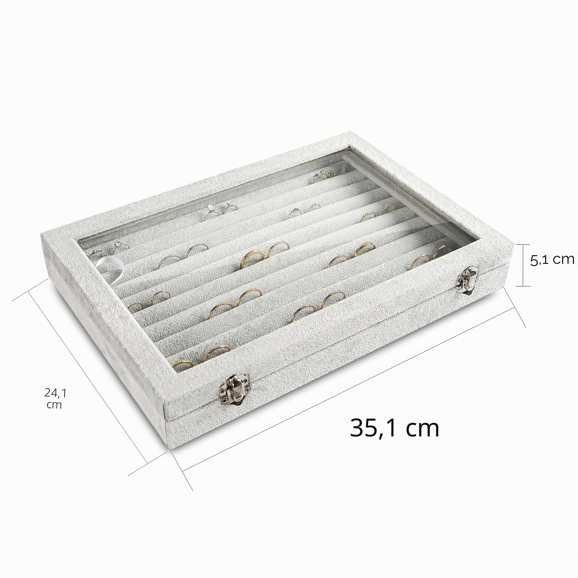 Frebeauty Ringe/Ohrringe Organizer Tablett mit klarem Deckel 10 Slots Samt Schublade Einsatz Schmuck Aufbewahrungsbox mit transparentem Glasdeckel Schmuck Vitrine Geschenk für Frauen (Grau, 10 Slots)