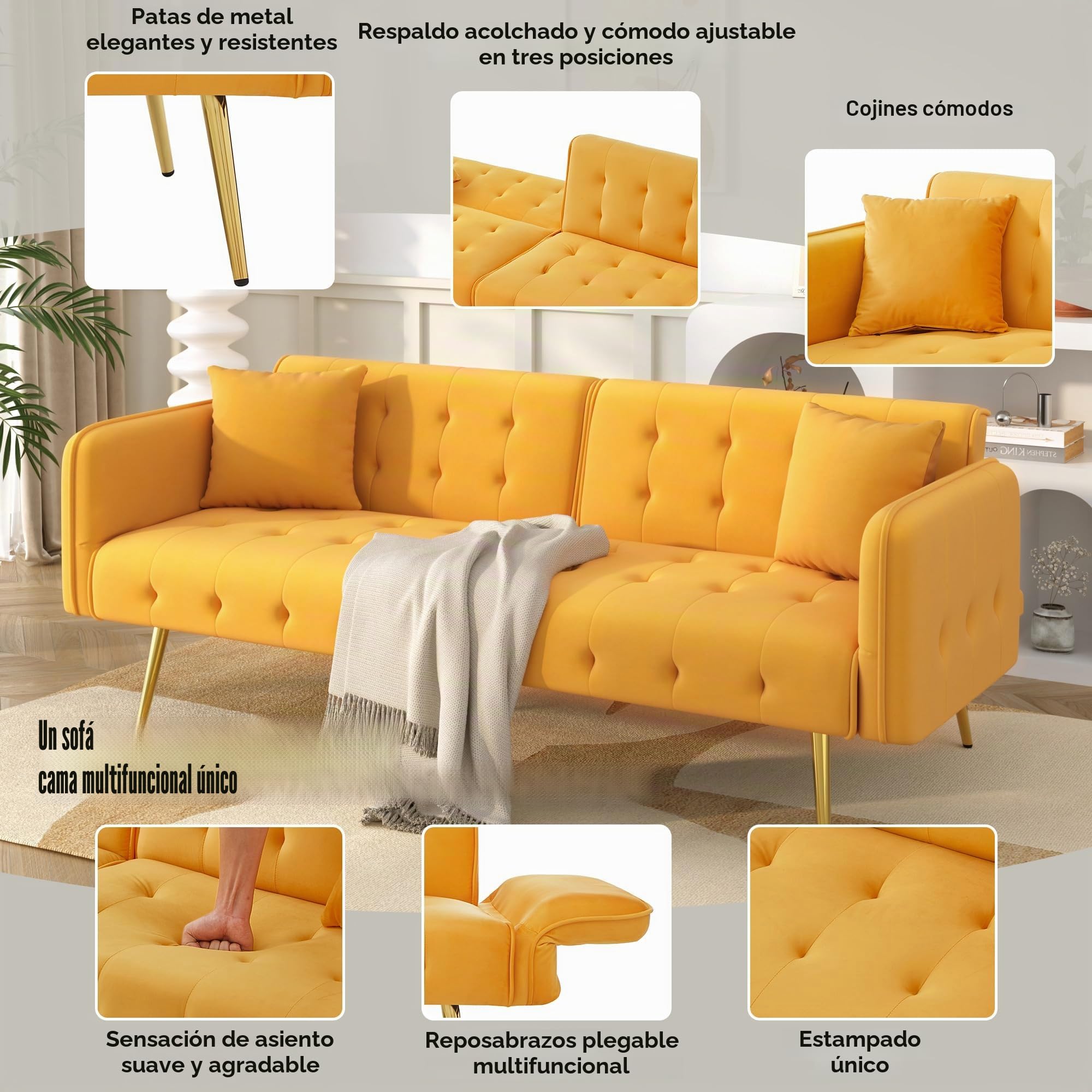 Lubvtti Sofá cama de 2 plazas multifuncional con respaldo ajustable y reposabrazos multiposición, sofá cama plegable para el salón, sofá de 2 plazas, terciopelo (A-Amarillo)