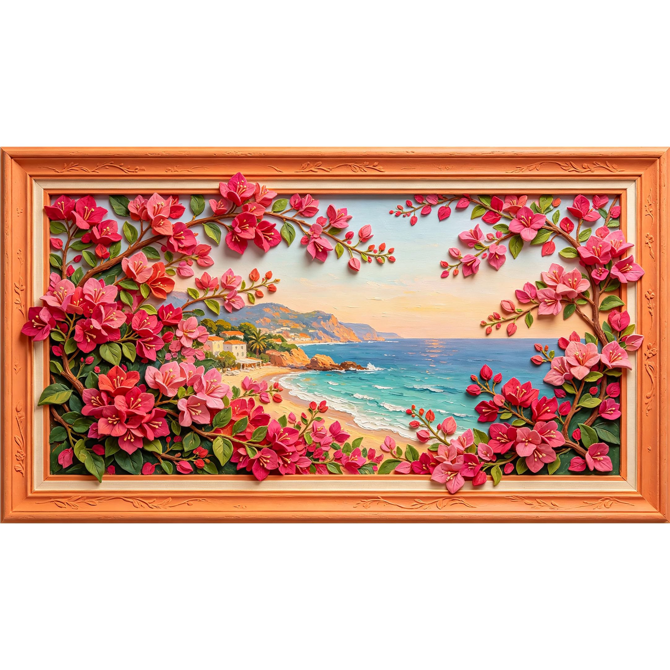 QZLITHOTIC 50×90cm3D Framed Wall Art， Mediterranean Coastal Bougainvillea Landscape Self?Adhesive Mural， Water?Activated Peel & Stick Fabric Decor Wall Decal for Bedroom Living Room