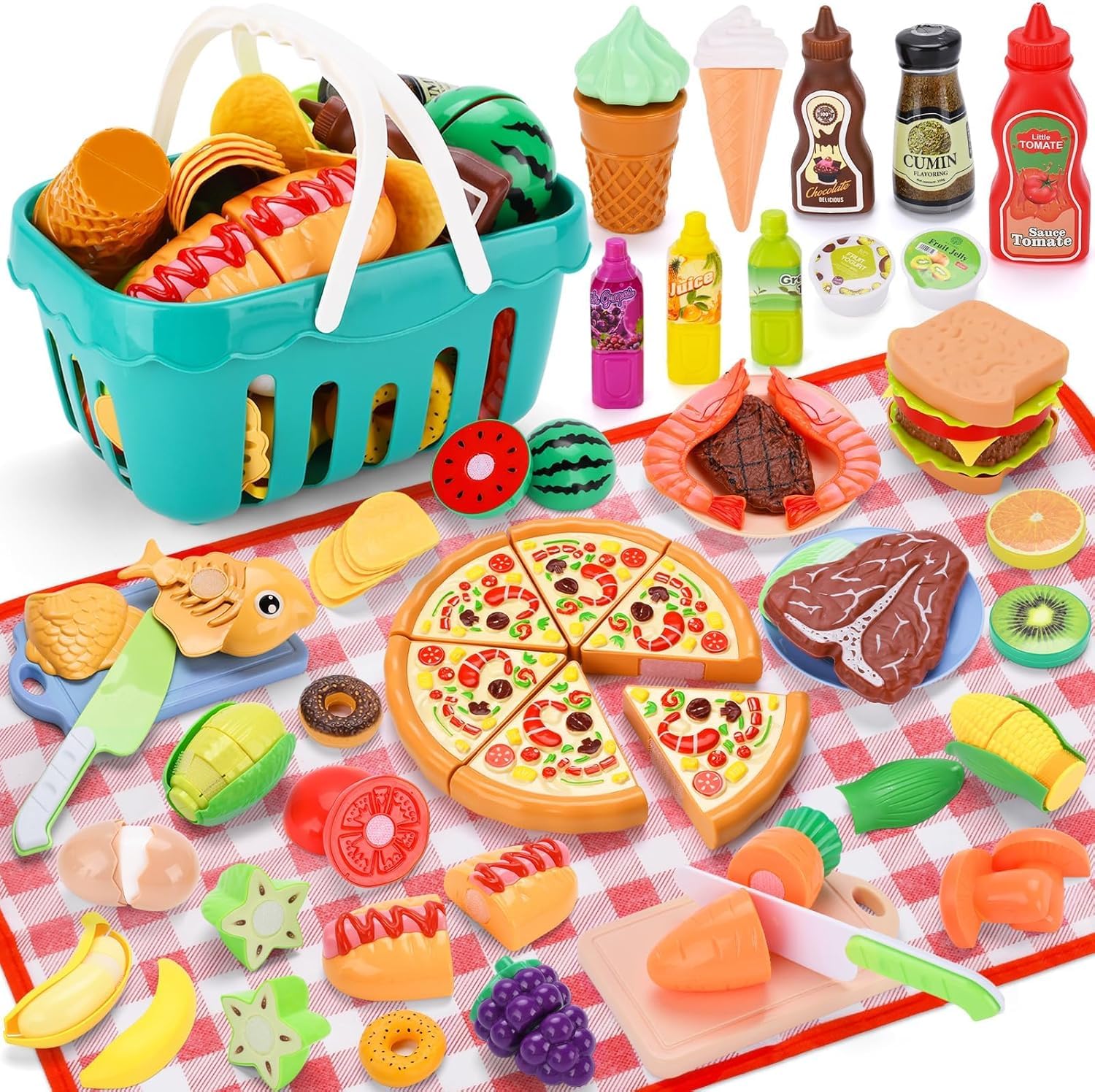 Accessoire Cuisine Enfant,85pcs Dinette Enfant Ustensile Cuisine Enfants,Cuisines Enfants Ensemble,Jeu de Role de Chef Kit Cuisines avec Panier Pique Nique,Cadeau Fille Garcon 3 4 5 6 7 Ans