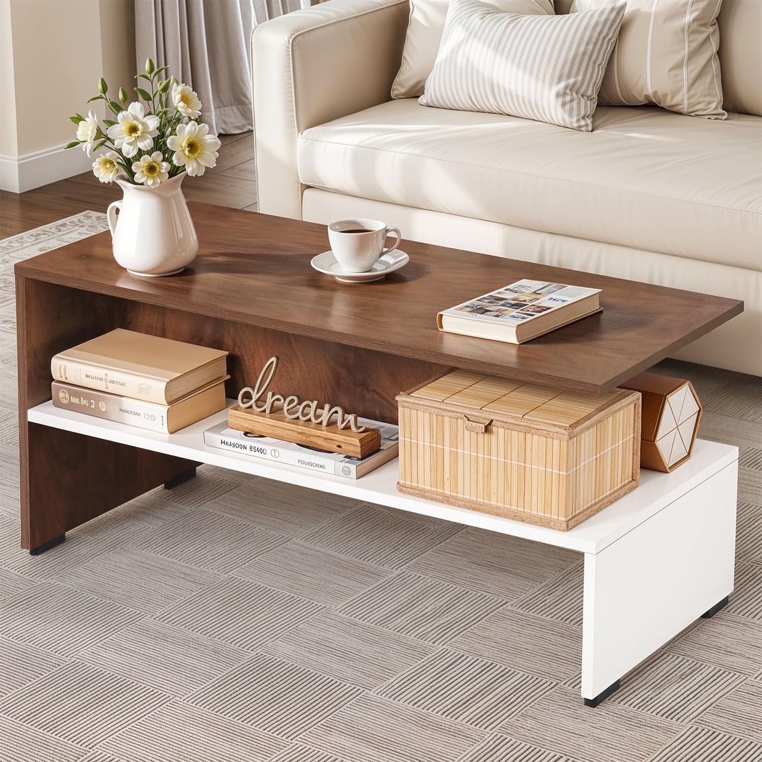 ABOUT SPACE Coffee Table - Portable Wooden Centre Table with Open Partition Storage - DIY Furniture - Sofa Tea Poyee for Living Room, Home, Office (White & Walnut - L 90 x B 45 x H 41.5 cm)-image-28