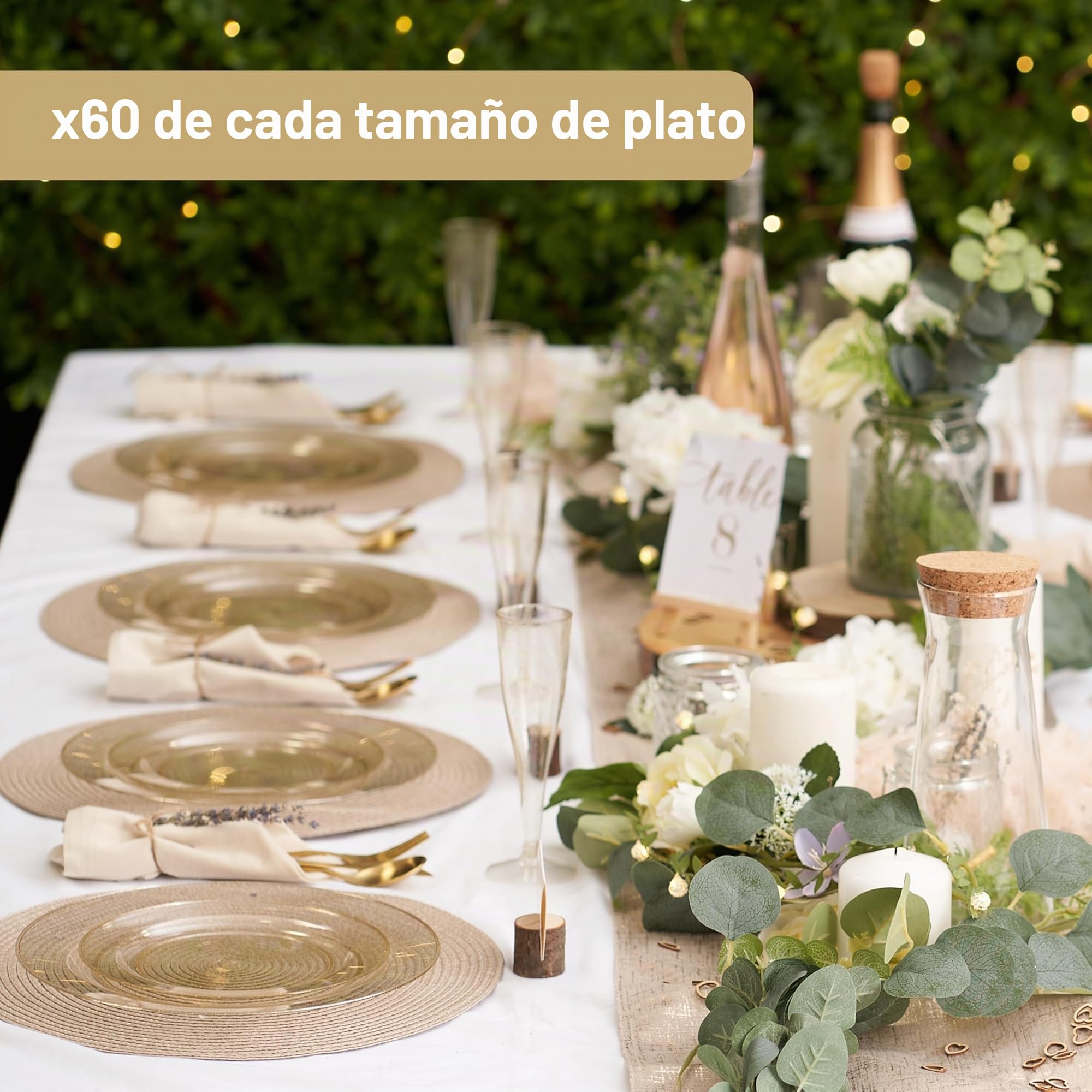 MATANA 120 Elegantes Platos de Plástico Duro con Purpurina Dorada (2 Tamaños) - Platos Dorados, Vajilla de Plástico Resistente y Reutilizable para Bodas, Cumpleaños, Fiesta
