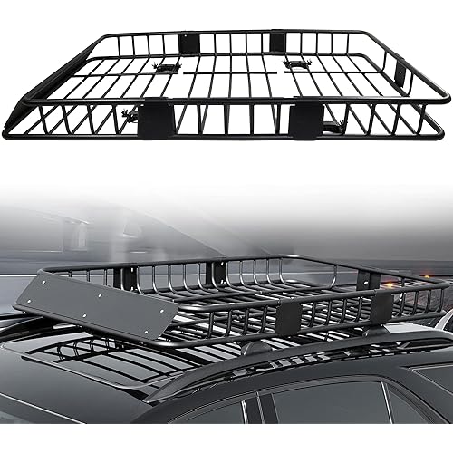 CAROOZE 64’’ Car Rooftop Cargo Basket Universal Roof Rack Basket Luggage Baggage Holder Cargo Carrier with Wind Fairing 165 lbs Load Capacity SUV Storage Black