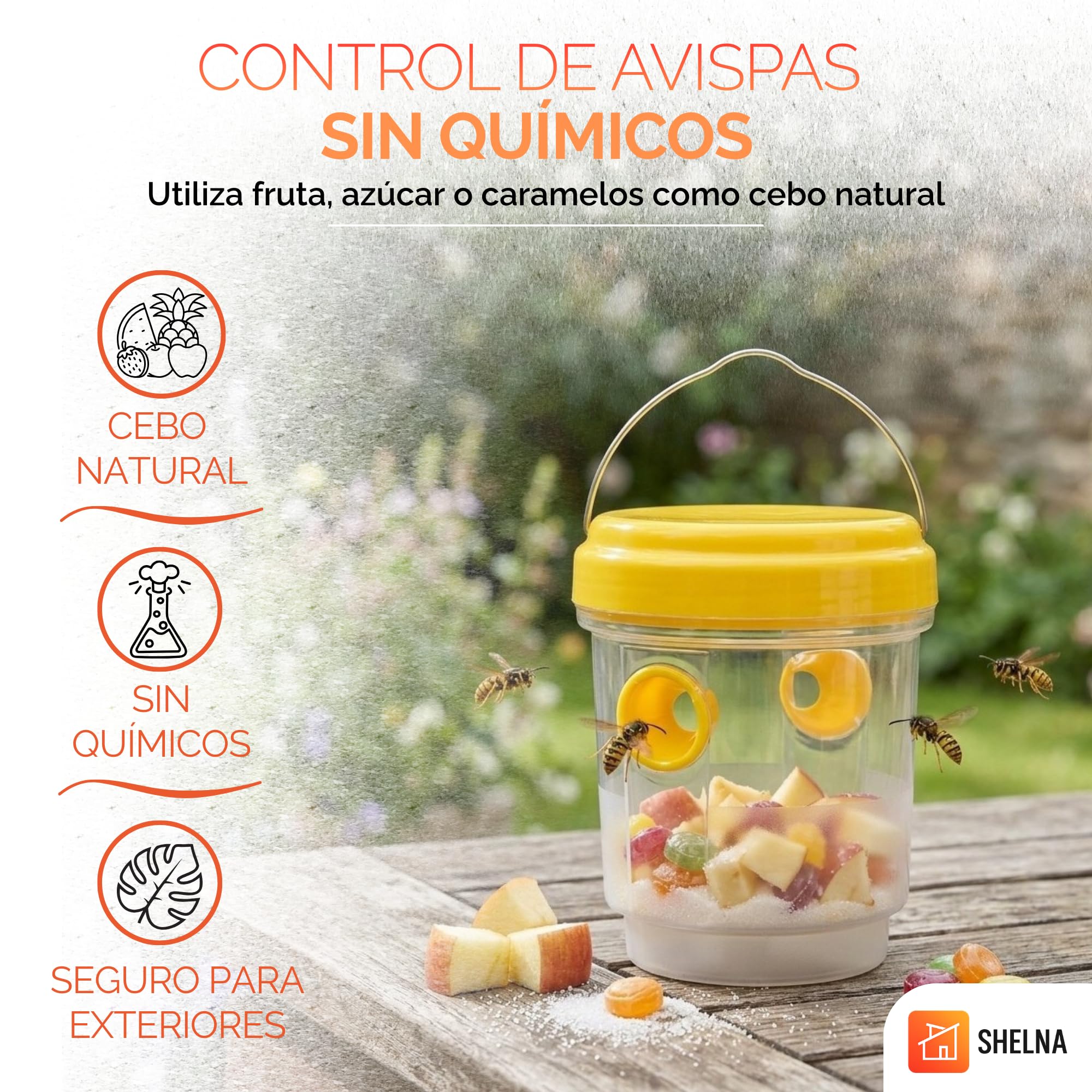 SHELNA Trampa Avispas Exterior, Pack 2, Incluye Nido Repelente + Trampa para Avispas, Reutilizable y sin Químicos para Jardín, Terraza, Piscina, Barbacoas, Colmenas de Abejas y Anti Avispas Exterior