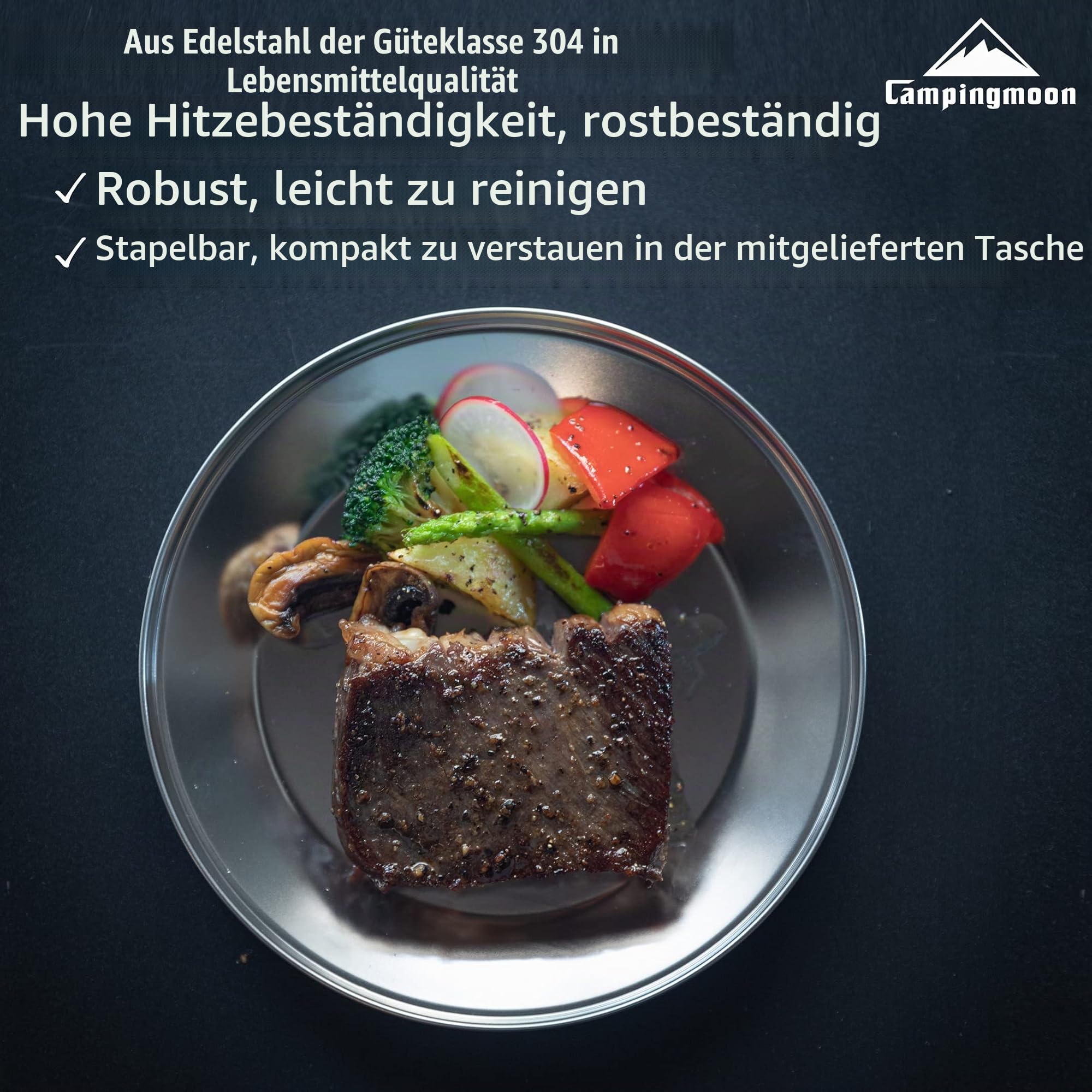 camping moon Campingmoon S395-1S Camping-Teller-Set, Edelstahl, spülmaschinenfest, Küchengeschirr S395-1S (8-teiliges Set + Tasche (S395-2S), Standard)