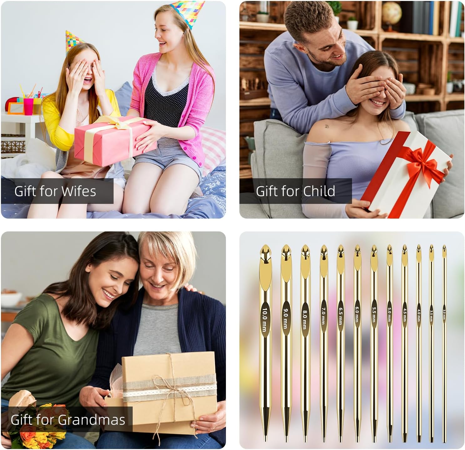 AIYUNDI Tunisian Crochet Hooks Set with Cable, 6-Inch Gold-Plated Aluminum Interchangeable Crochet Hooks 3mm-10mm, Long Crochet Hooks, Lightweight, Anti-Twist Swivel Cables, Ergonomic, Gold 26 PCS