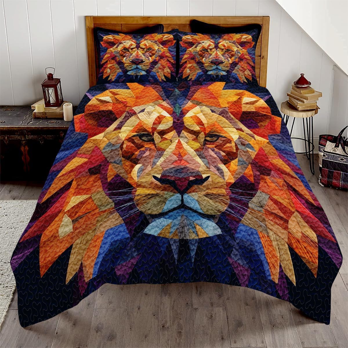 Personalized Patchwork Lion Quilt Set, Tribal Safari Jungle Animal Bedding, Wild Lion Bedspread for Men Boys Bedroom Decor Twin Queen King Size (Patchwork Lion)