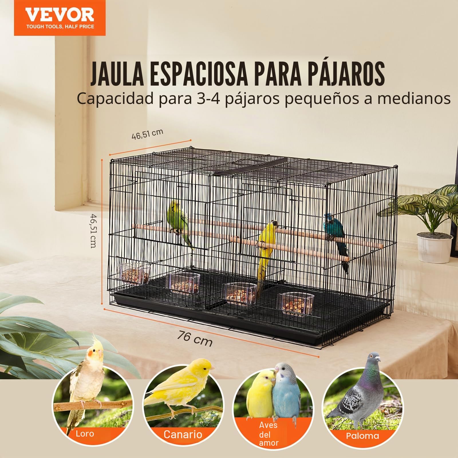VEVOR Jaula para Pájaros de 760 x 465 x 465 mm, Jaula para Periquitos Pequeños con Divisor, 5 Perchas y 4 Comederos, Jaula para Pájaros de Metal Resistente para Loros, Canarios, Agapornis, Negro