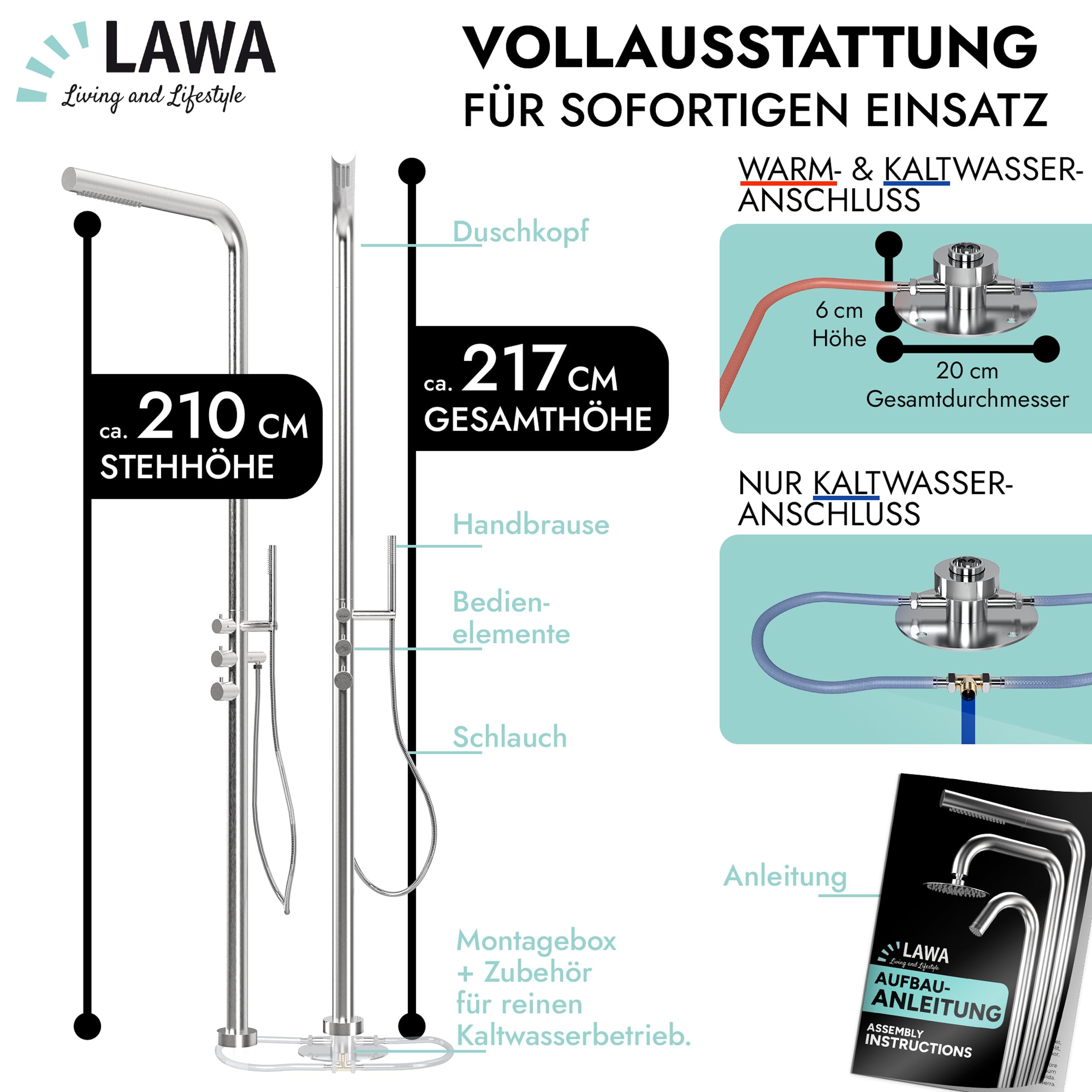 Außendusche Gartendusche V2A 304 Edelstahl Warm Kalt mit Handbrause Sauna Dusche für Warmwasser- Kaltwasseranschluss Pooldusche Garten Aussendusche Schwimmbaddusche