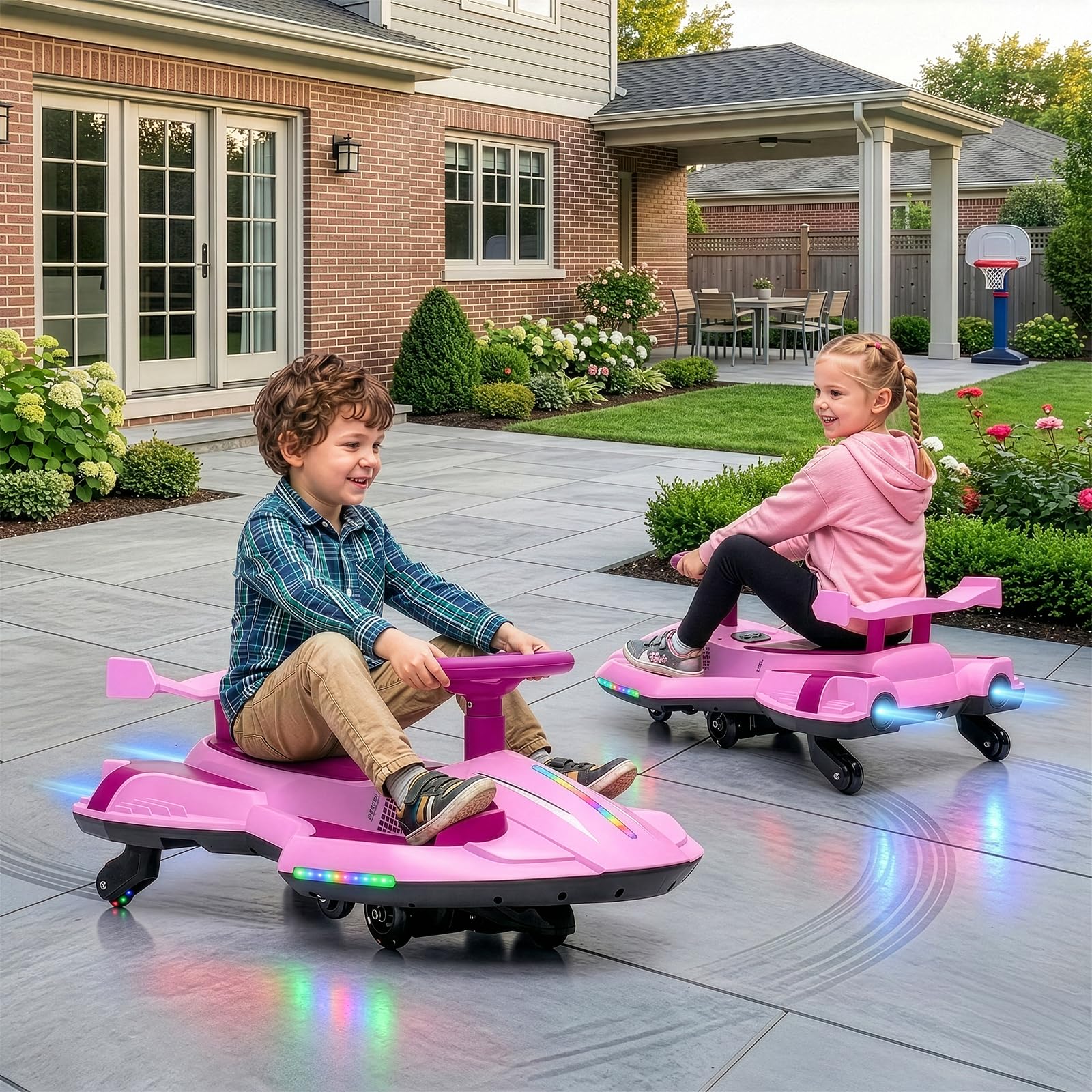 LALAHO Kinder Elektroauto, 2-in-1 Elektrisches Rutschauto mit Pedal,Wiggle Car mit Pedal,LED-Lichter,360° Lenkung,2 Geschwindigkeit Kippschutz Leuchtende Räder,für Kind ab 3 Jahren (Rosa-Lila)