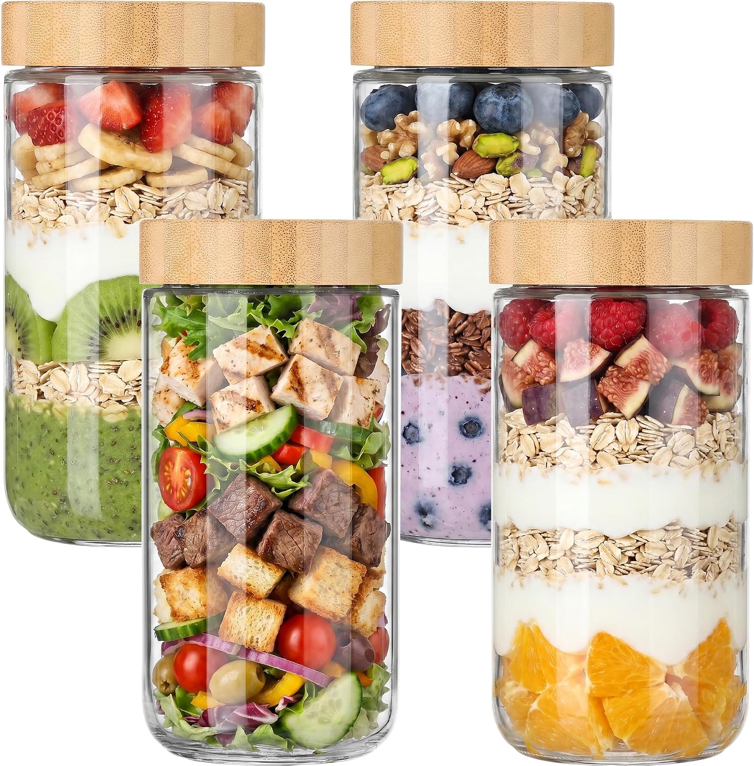 Vtopmart 4 Pack 24oz Glass Overnight Oats Containers with Bamboo Lids