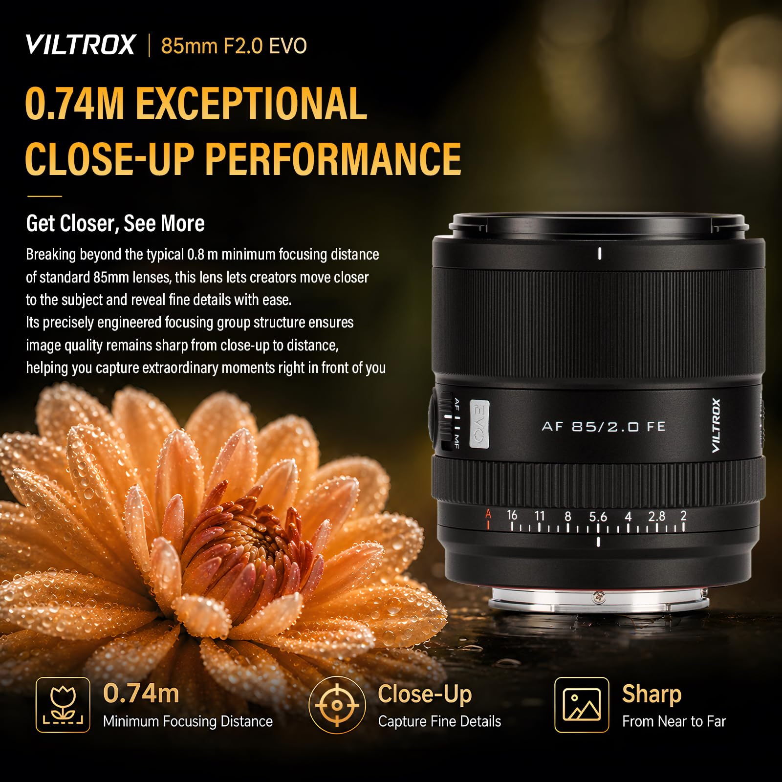 VILTROX 85mm F2.0 EVO FE Mount Fotográfico Objetivo con Sony E Camera Lenses Full Frame Gran Apertura Autofoco para Sony A93 A7CII ZVE1 A7RV FX3 A1 A7C ZV-E10II FX30 A6700 A5000