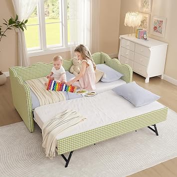 Twin Gingham Daybed with Pop Up Trundle Bed, Linen Twin to King Daybeds with USB Ports, Upholstered Day Bed Frame, Modern Bedframe for Kids Girls Bedroom Guest Room, No Box Spring Needed, Green