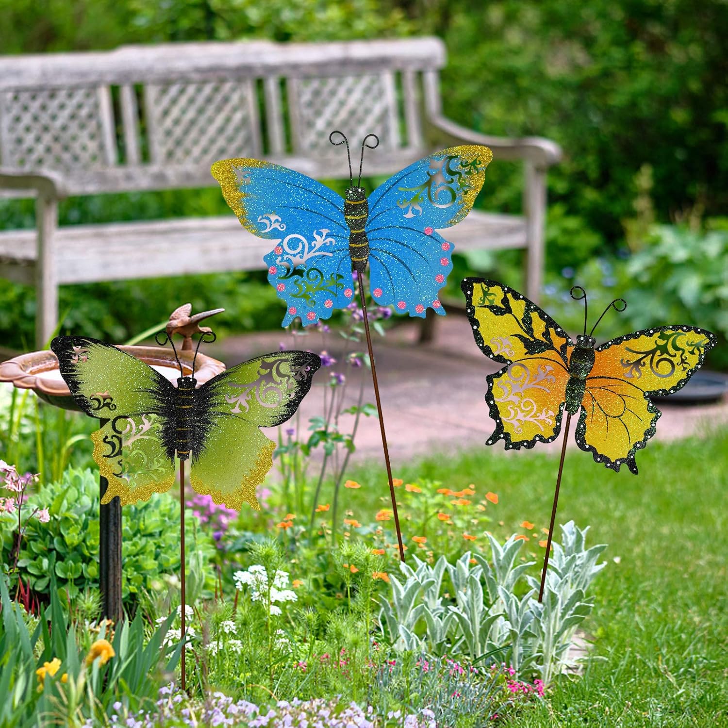 E-view Metal Butterfly Garden Stakes Flower Pot Decorative Stake Set of 3 Indoor Outdoor Decor Lawn Art Ornaments for Yard Patio Pathway