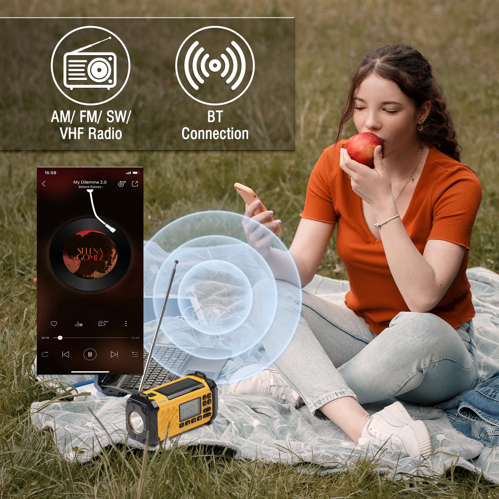 Raddy SH-906 Radio awaryjne, przenośne radio z korbą ręczną na energię słoneczną, AM/FM/SW/VHF, latarka do czytania, SOS, kompas, ładowarka do telefonu