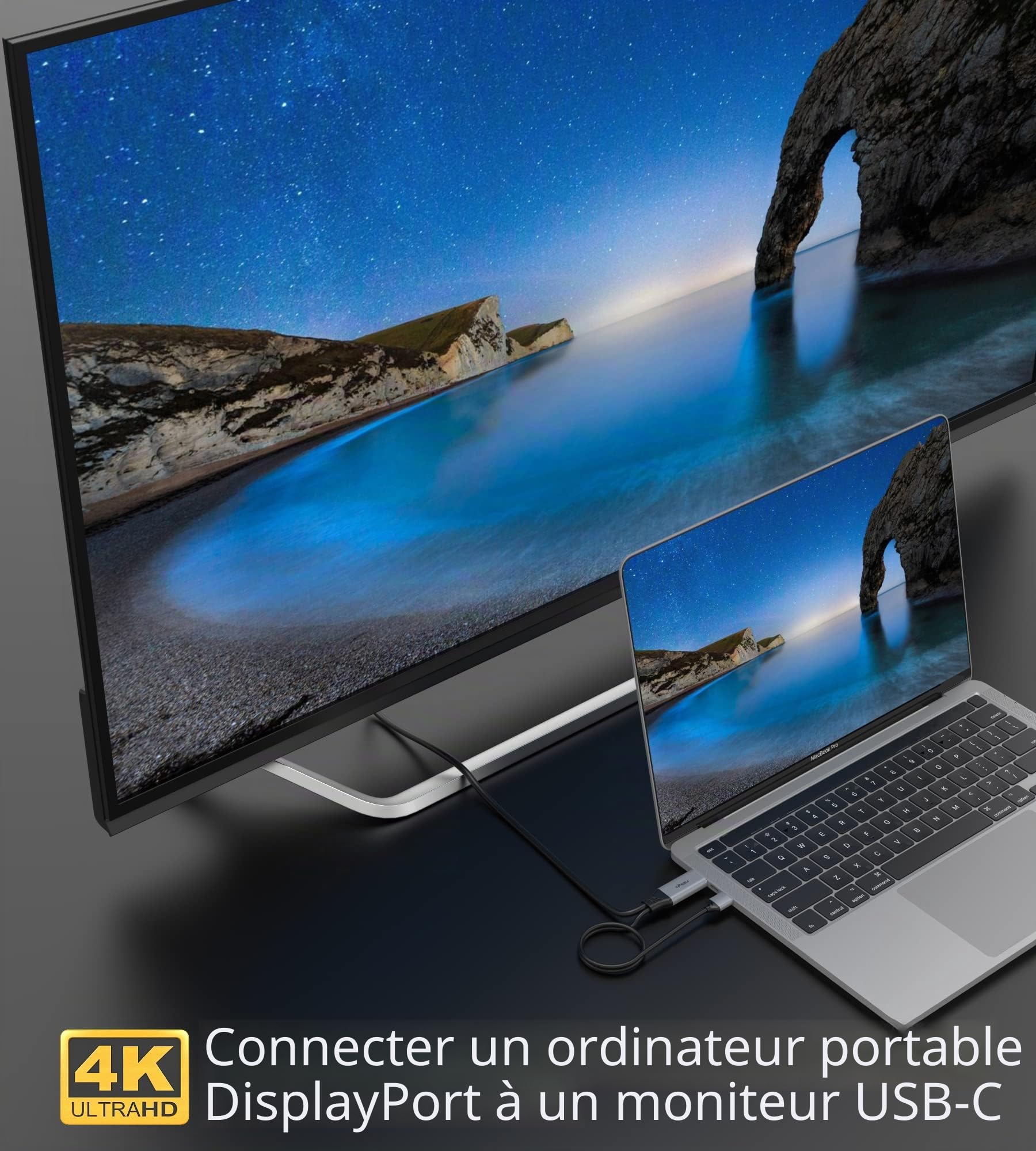 Câble DisplayPort vers USB-C 4K60 Hz, 2 m, Convertisseur DP Mâle vers Type-C pour Moniteur Portable Tactile, Compatible MacBook Pro/Air, iMac