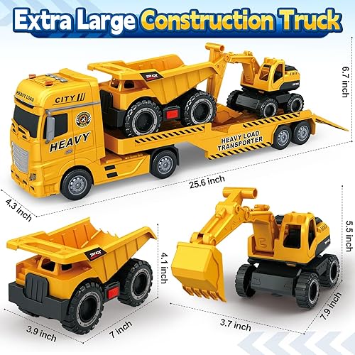 Miniatura 7 de Juguetes para niños de 3, 4, 5, 6, 7 años, camión de transporte de construcción de 25 pulgadas con excavadora y camión volquete, juguetes accionados