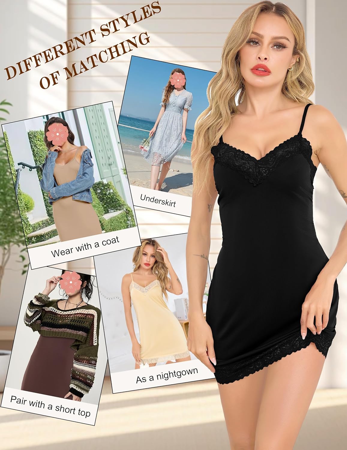 Women's Full Slips Lace V-neck Under Dress Adjustable Strap Camisole Slip Nightgown S-3XL - Image 5