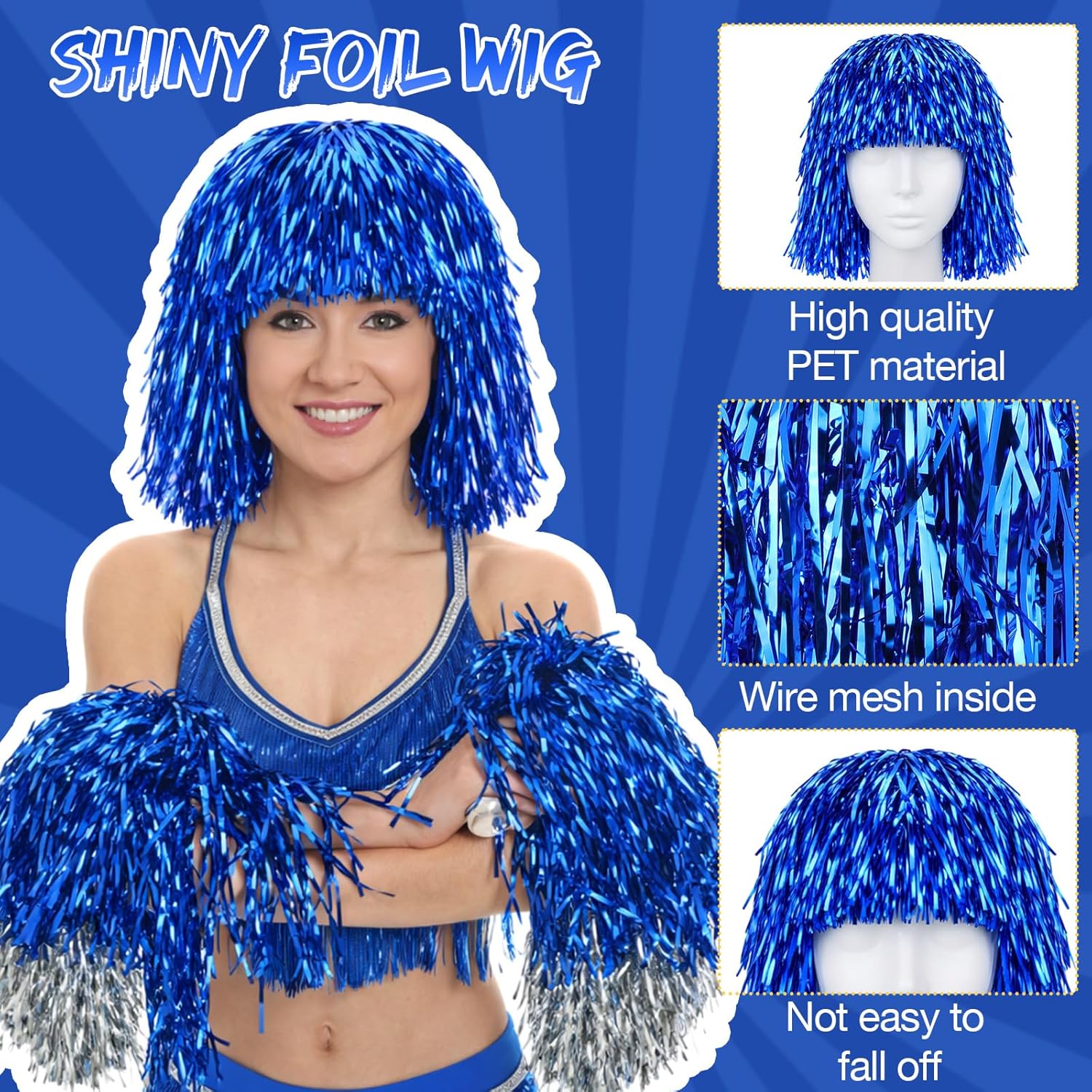84 Pcs Blue Team Spirit Accessories Bulk Include Foil Wigs Bracelets Megaphone Whistles Hand Clappers Glasses Eye Black Stickers for Cheerleading Pom Football Sporting Events Cheer Gifts